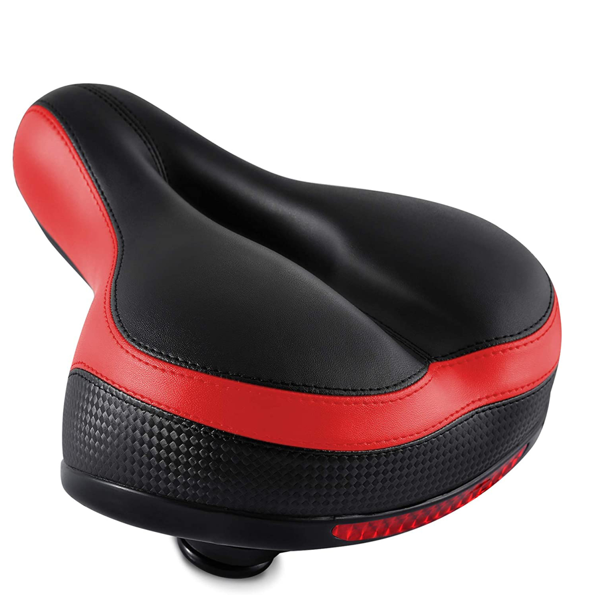 Schwarzer und roter Fahrradsattel mit Reflexstreifen auf weißem Hintergrund.