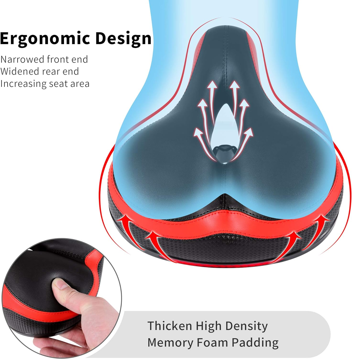 Fahrradsattel. Er hat eine schwarze Oberseite mit roter Zierleiste und ergonomischem Design.