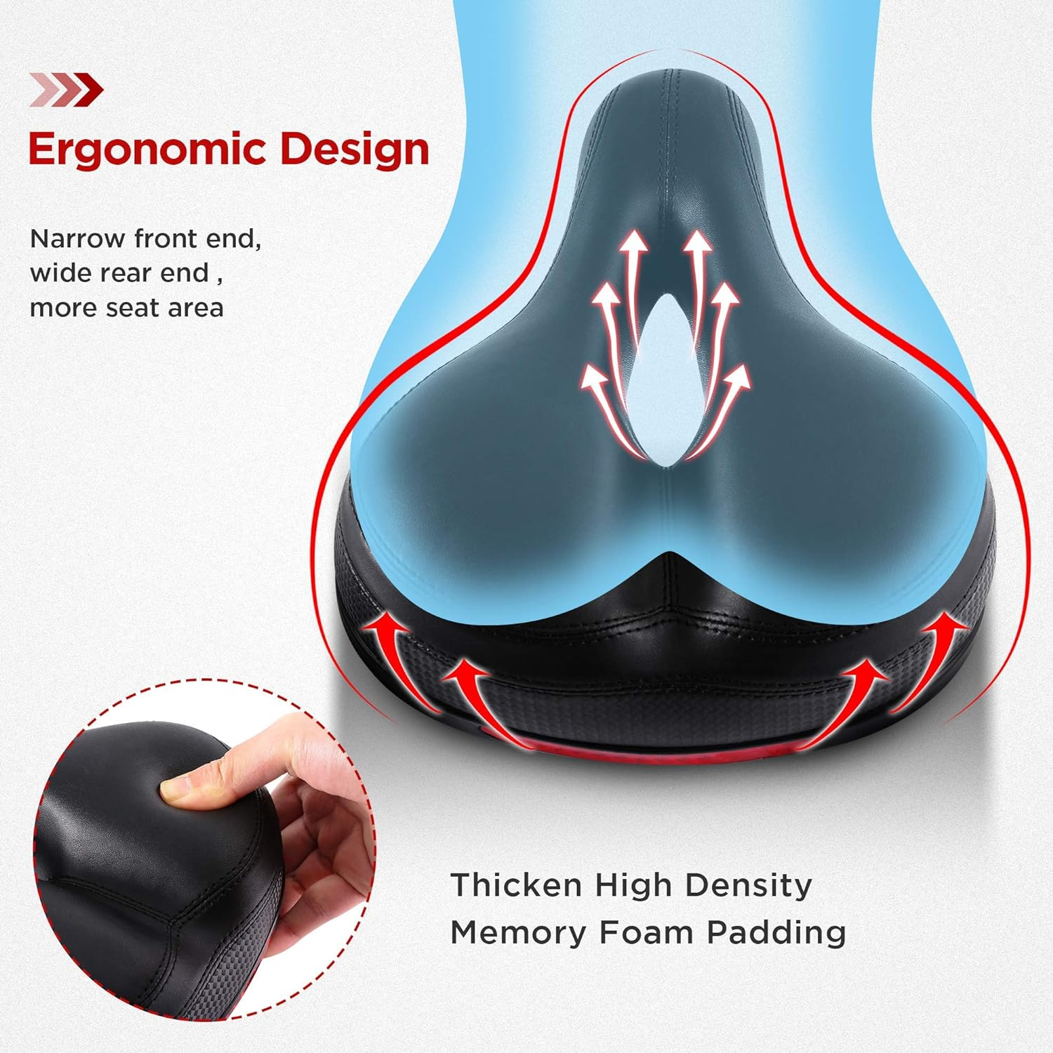 Fahrradsitz mit ergonomischem Design. Eine Hand hält einen schwarzen Schaumsitz, mit Pfeilen.