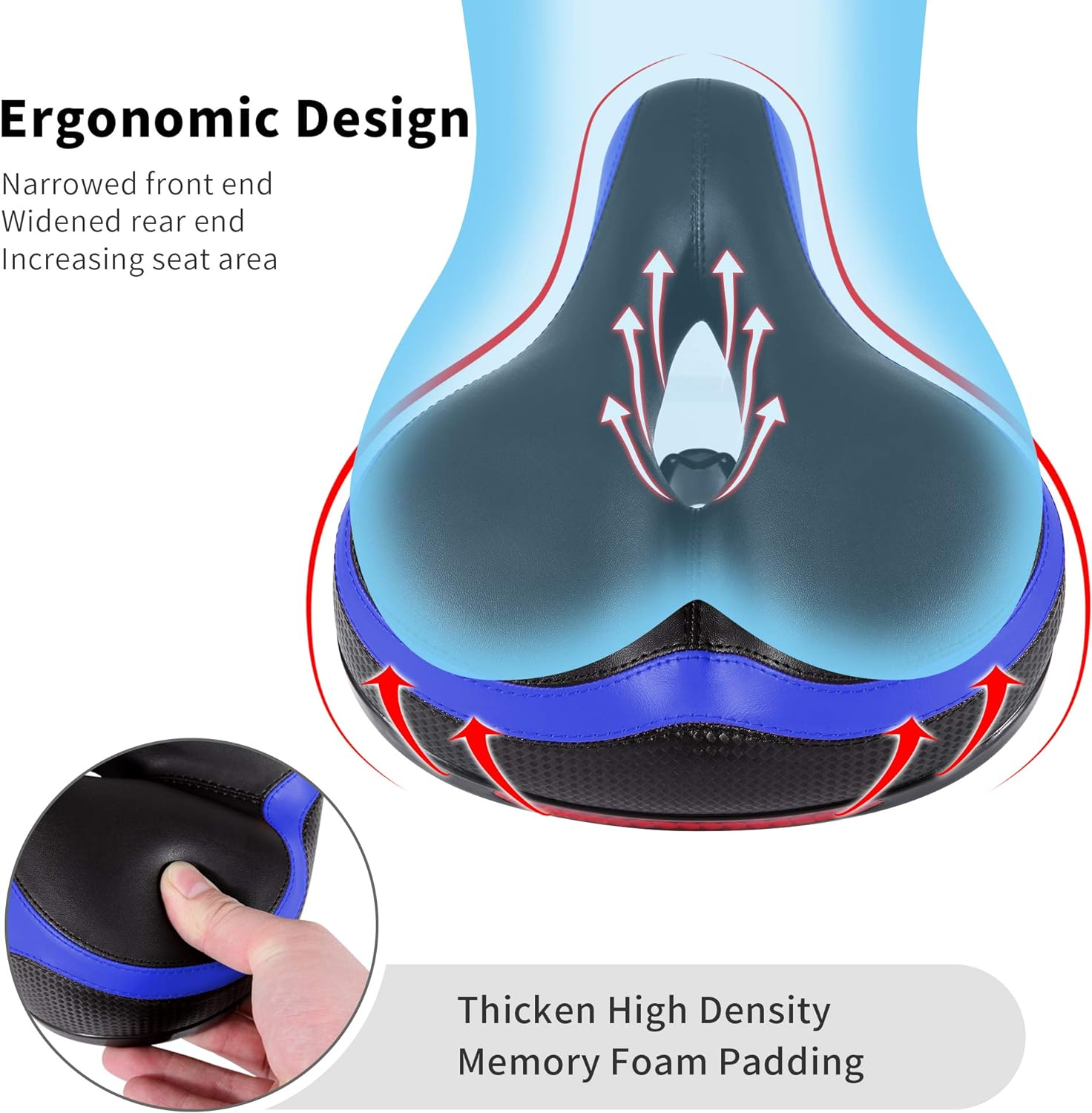 Ergonomischer Fahrradsattel, schwarz-blaues Design, mit Pfeilen, die den Luftstrom und die Polsterung anzeigen.