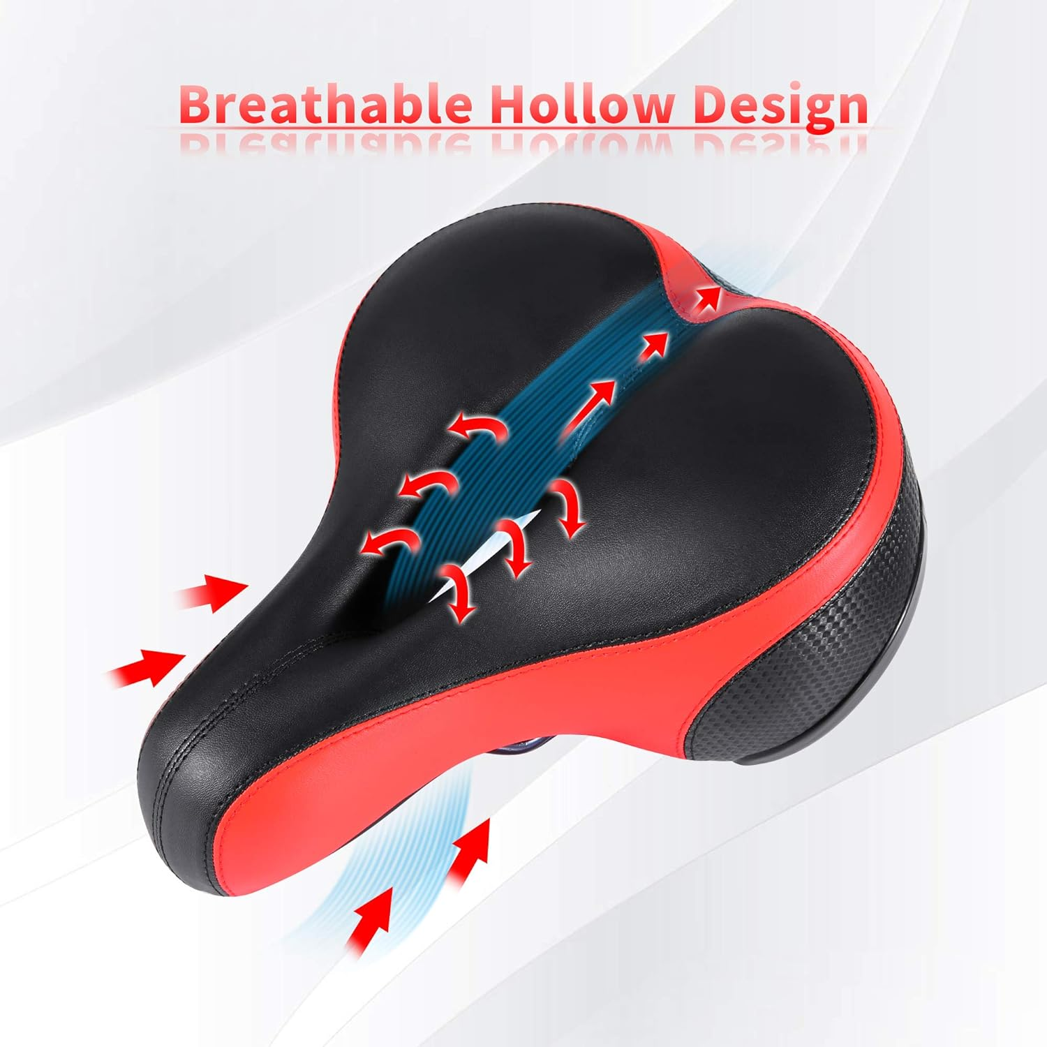 Schwarzer und roter Fahrradsitz mit atmungsaktivem Hohlraumdesign.