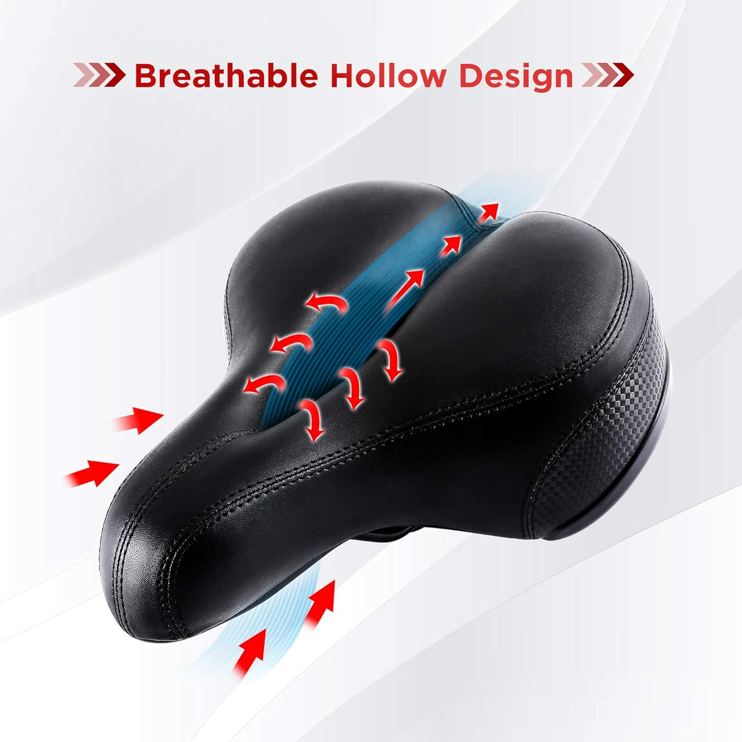 Schwarzer Fahrradsattel mit atmungsaktivem Design und Pfeilen. Text: Breathable Hollow Design.