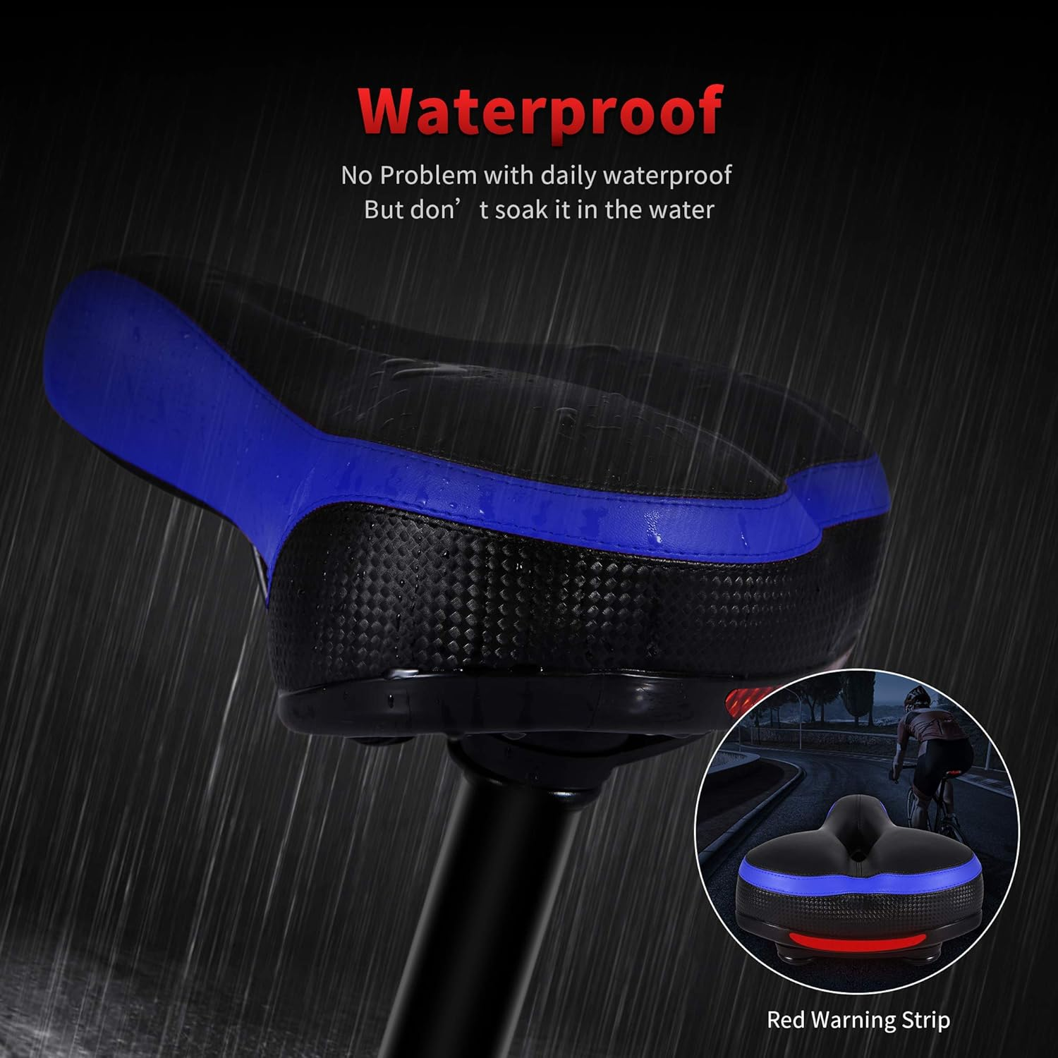 Ein wasserdichter Fahrradsattel mit blauen und schwarzen Farben und einem roten Warnstreifen. Es regnet.