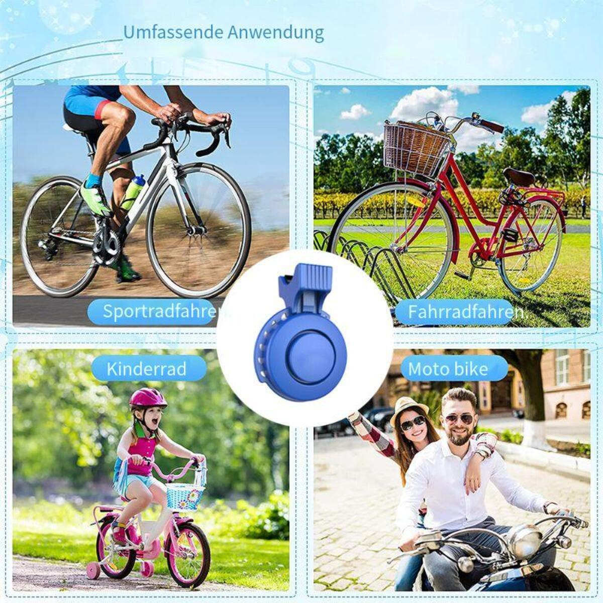 Collage von Bildern, die verschiedene Arten von Fahrrädern und ein blaues Fahrradzubehör zeigen.