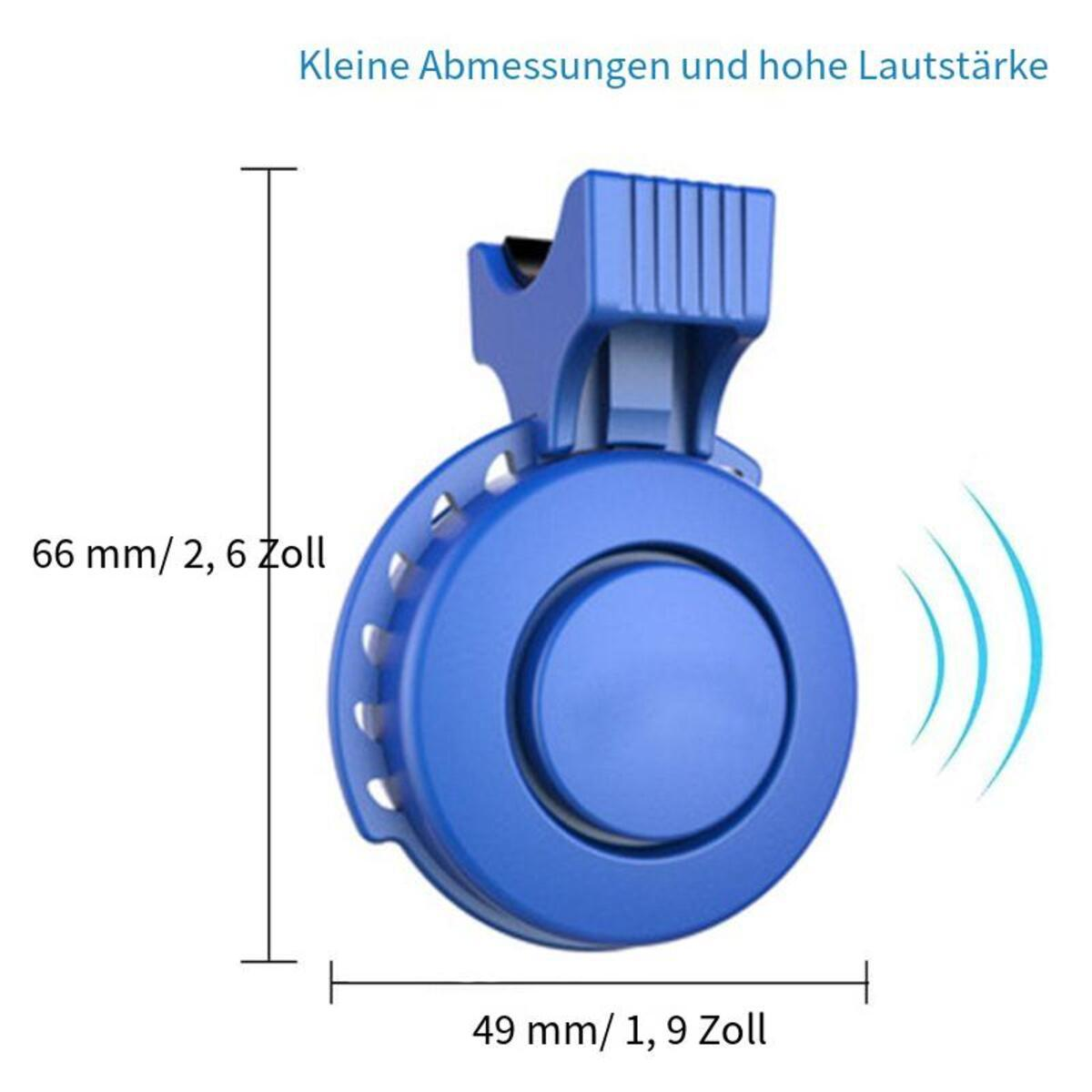 Ein blauer Bluetooth-Lautsprecher mit Abmessungen. Text: Kleine Abmessungen und hohe Lautstärke.