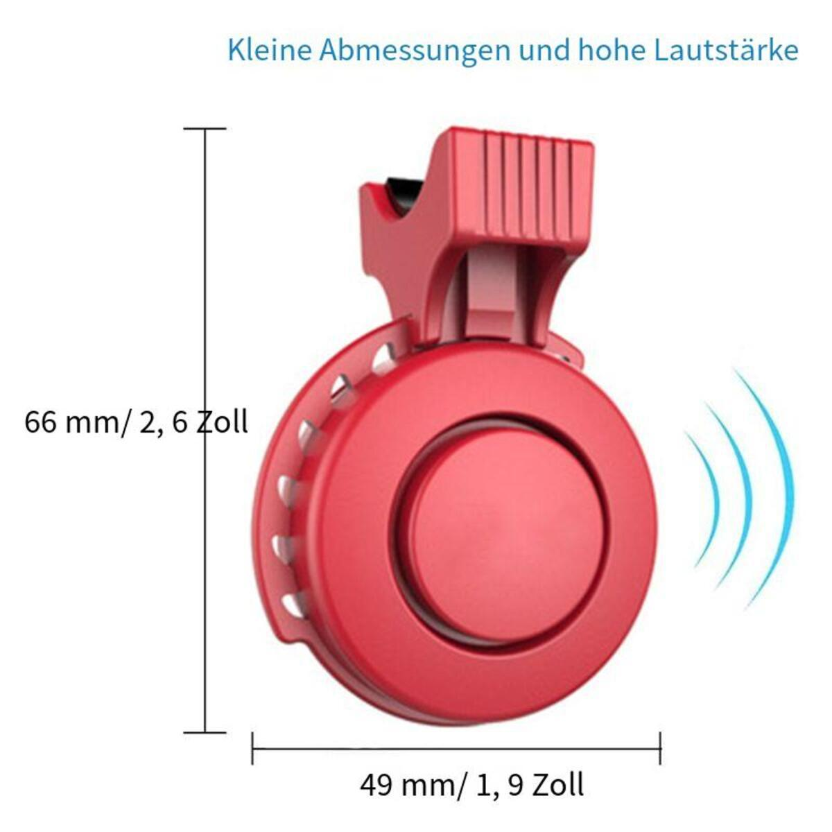 Rotes Lautsprechergerät, Abmessungen gezeigt, mit deutschem Text.