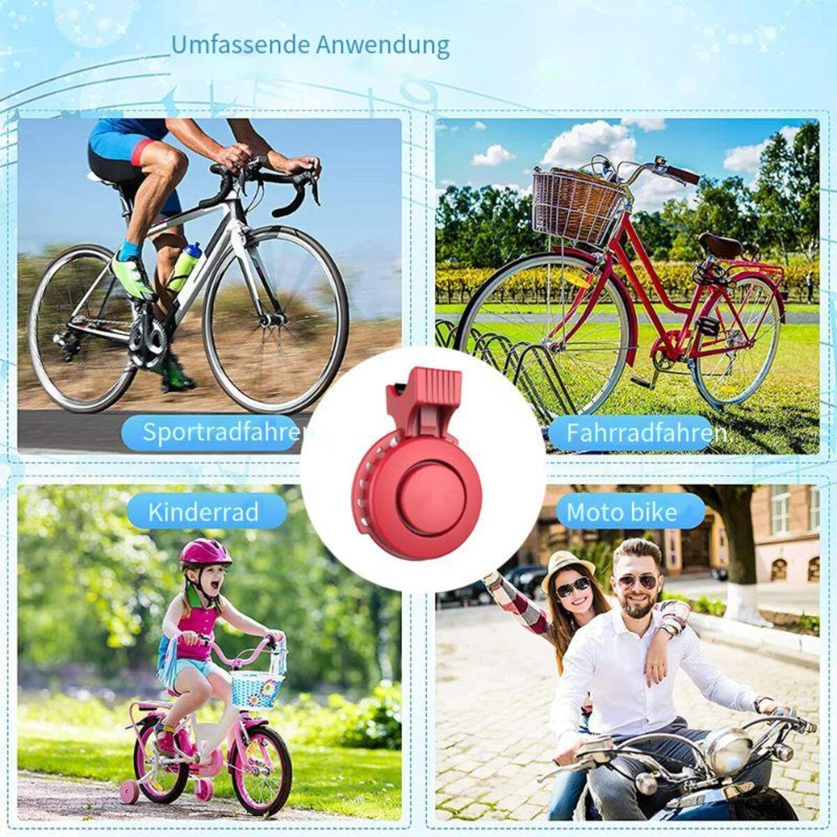 Vier Bilder: Radfahrer, rotes Fahrrad, Kind auf pinkem Fahrrad, Paar auf Motorrad.