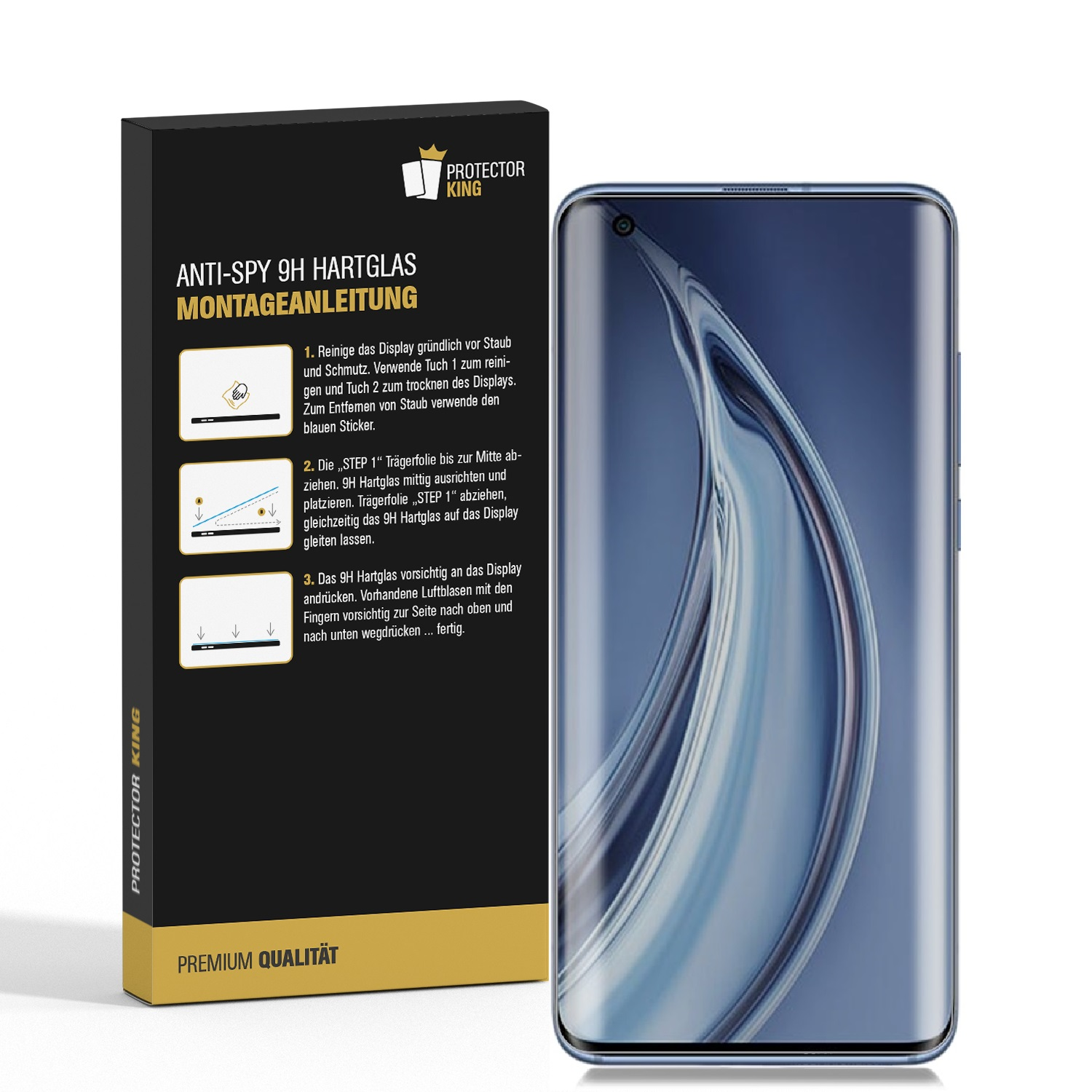Ein Telefon mit Displayschutz, eine Box mit Anweisungen und ein Telefon im Hintergrund.