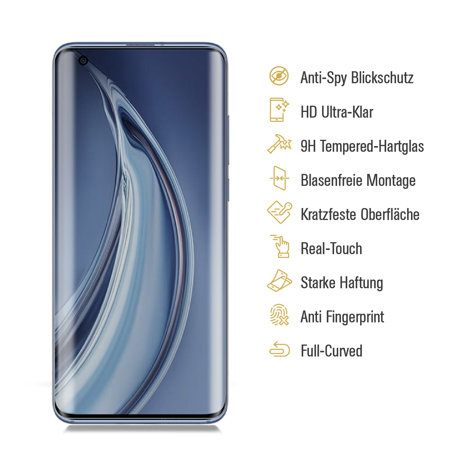 Ein blaues Smartphone mit Displayschutz, der Funktionen wie Anti-Spionage und Anti-Fingerprint zeigt.