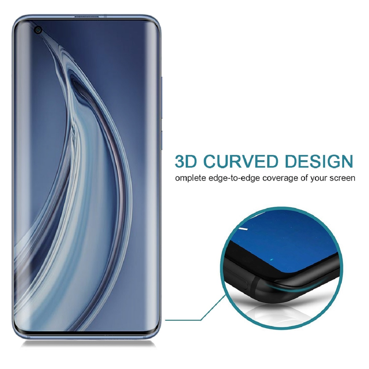 Ein Smartphone mit gebogenem Bildschirm wird angezeigt. Text lautet '3D CURVED DESIGN' und erwähnt Kantenabdeckung.