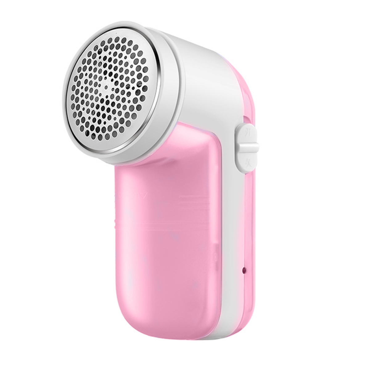 Rosa-weißer Stoffrasierer mit perforiertem Kopf und Netzschalter.