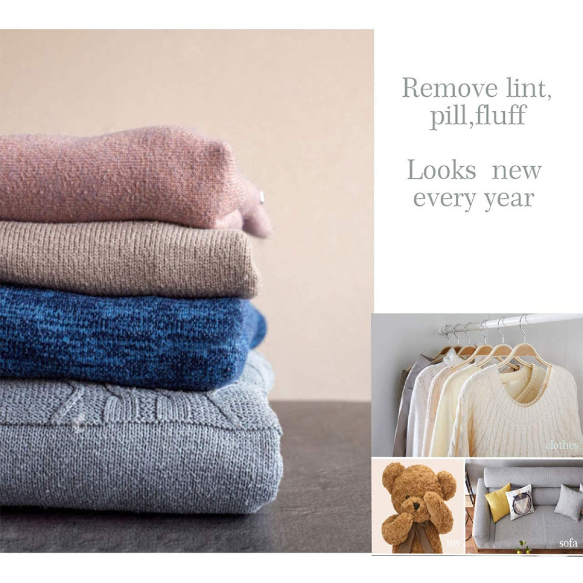 Stapel gefalteter Kleidung, einschließlich Pullover, mit Text und weiteren Kleidungsstücken.