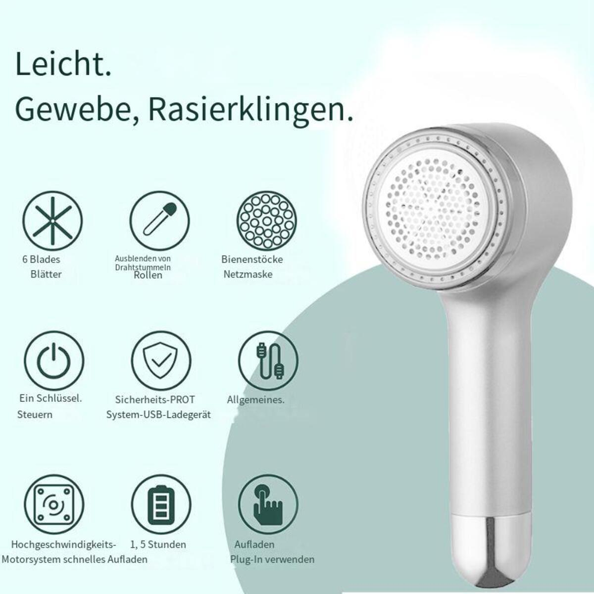 Silberner elektrischer Fusselentferner mit Symbolen, die Funktionen anzeigen. Enthält Klingen, USB-Laden und Sicherheitssystem.