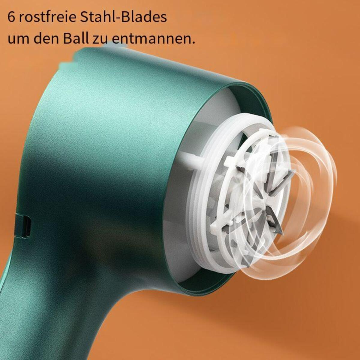 Ein grünes Pflegegerät mit rotierenden Klingen und einer transparenten Abdeckung.