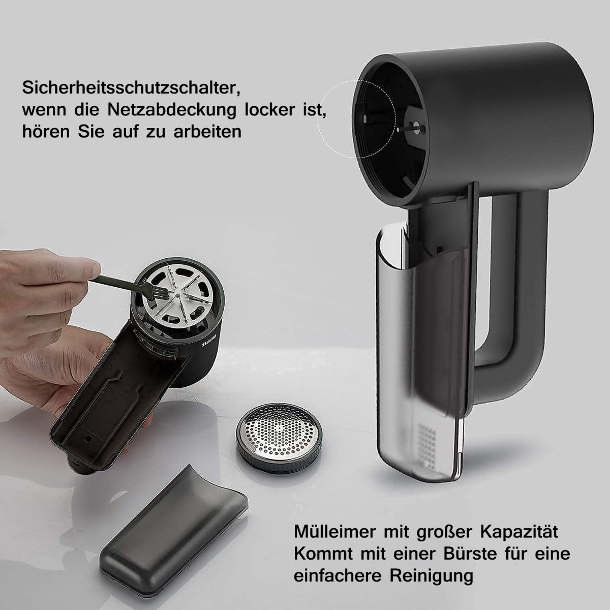 Schwarzer Fusselentferner in Teilen. Das Werkzeug ist zerlegt, mit Bürste und deutschen Sicherheitsetiketten.