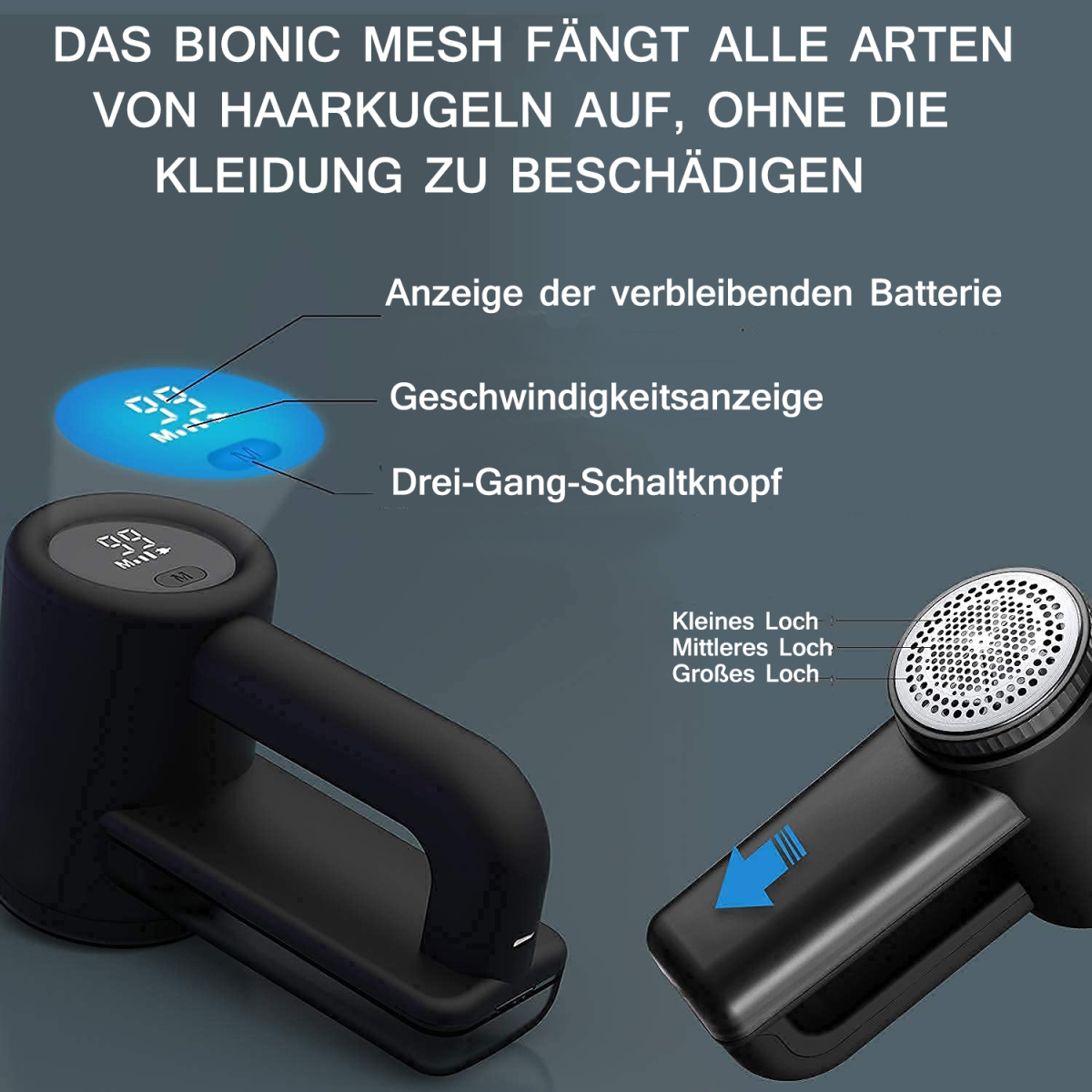 Zwei schwarze Fusselrasierer mit Etiketten. Einer hat einen blauen Pfeil, der andere einen Bildschirm mit Batterie und Geschwindigkeit.