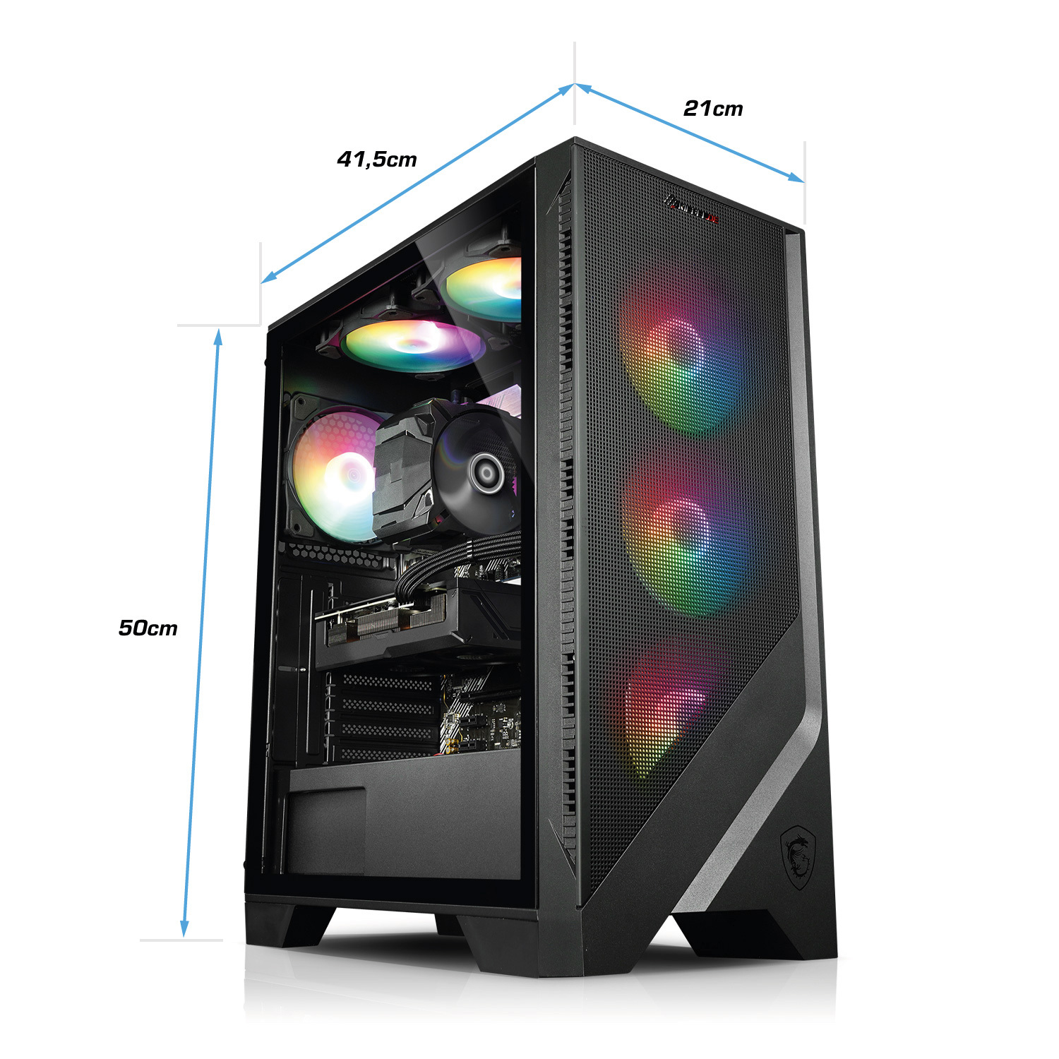Ein schwarzes Computergehäuse mit Maßangaben, Innenraum mit Lüftern und Komponenten.