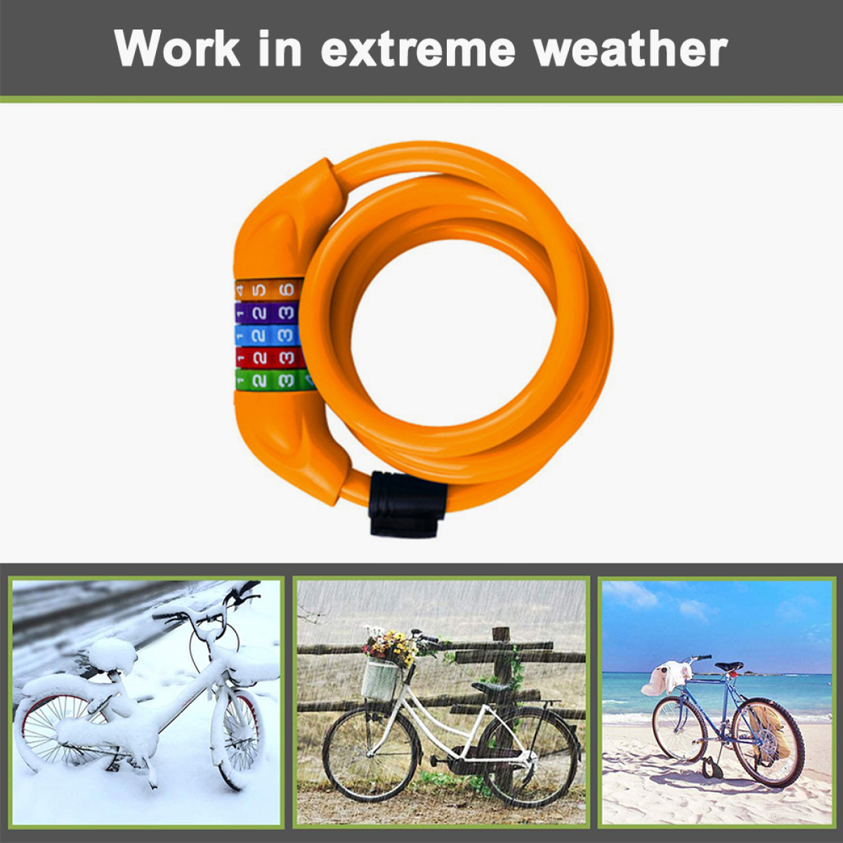 Oranges Fahrradschloss mit Zahlenrädern. Darunter Fahrräder im Schnee, Regen und am Strand.