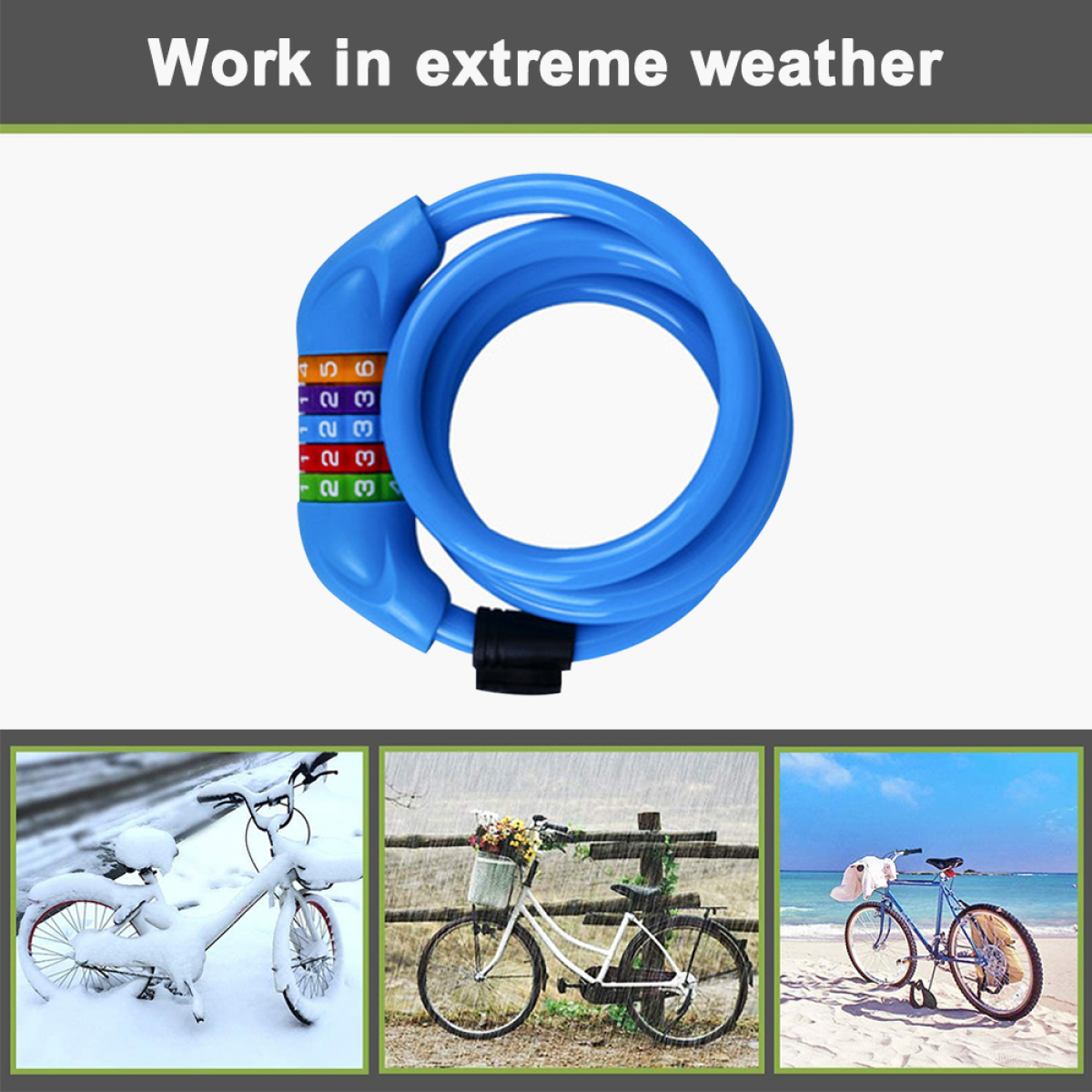 Blaues Fahrradschloss und Szenen von Fahrrädern bei verschiedenem Wetter.
