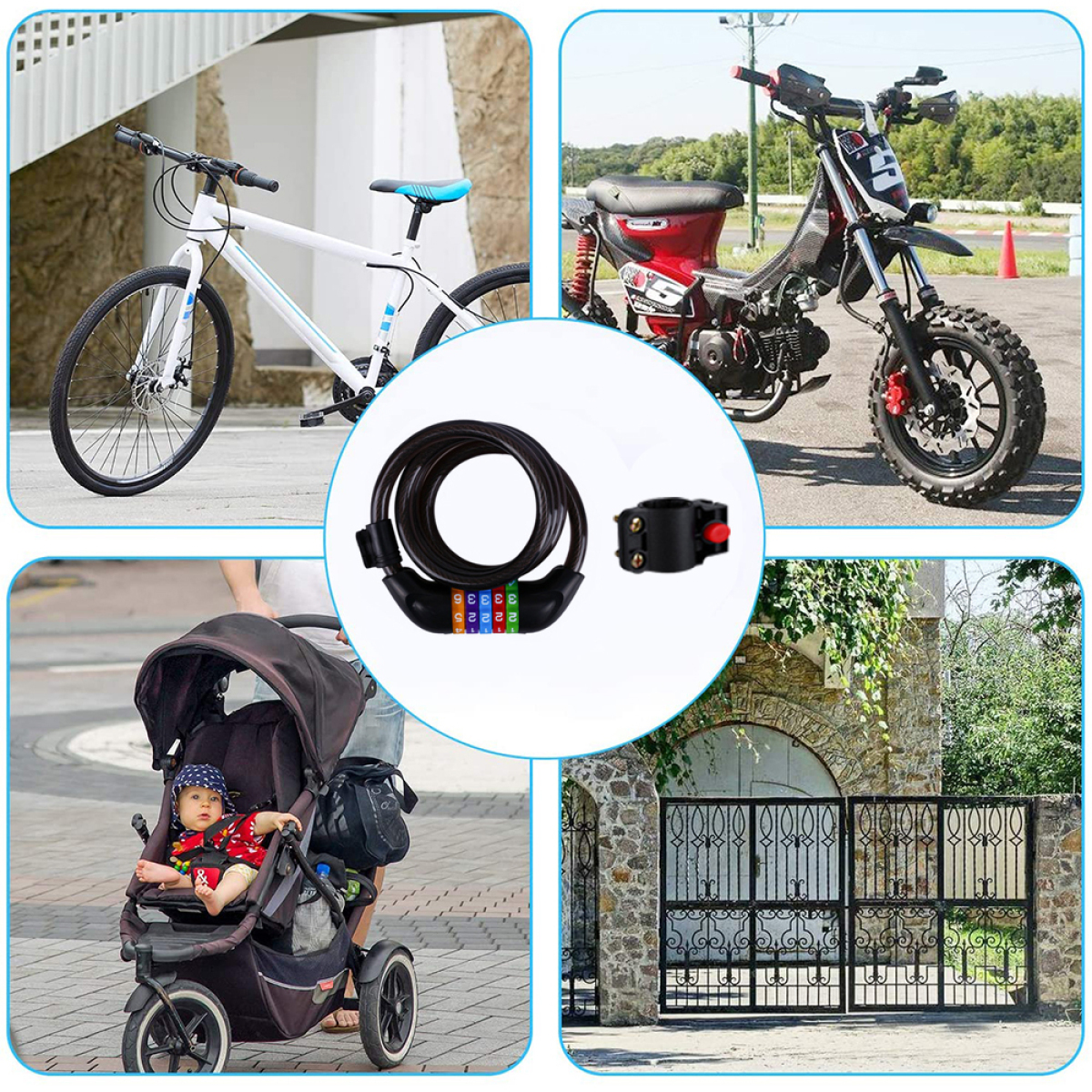 Fahrradschloss und Fahrrad in verschiedenen Szenen. Enthält einen Kinderwagen, ein Motorrad und ein geschlossenes Tor.