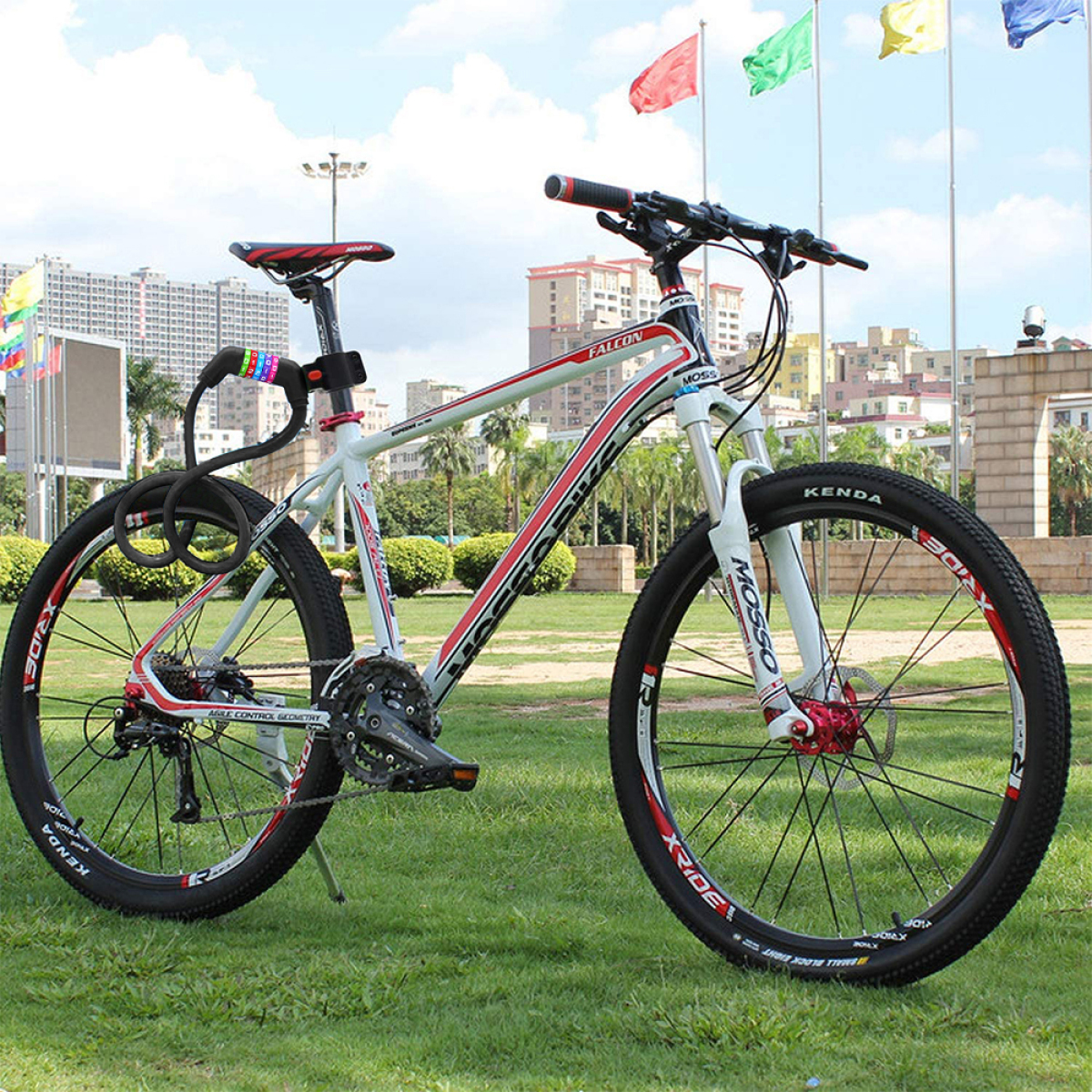 Weißes und rotes Mountainbike auf grünem Gras. Gebäude und Flaggen im Hintergrund. An einer Stange verriegelt.