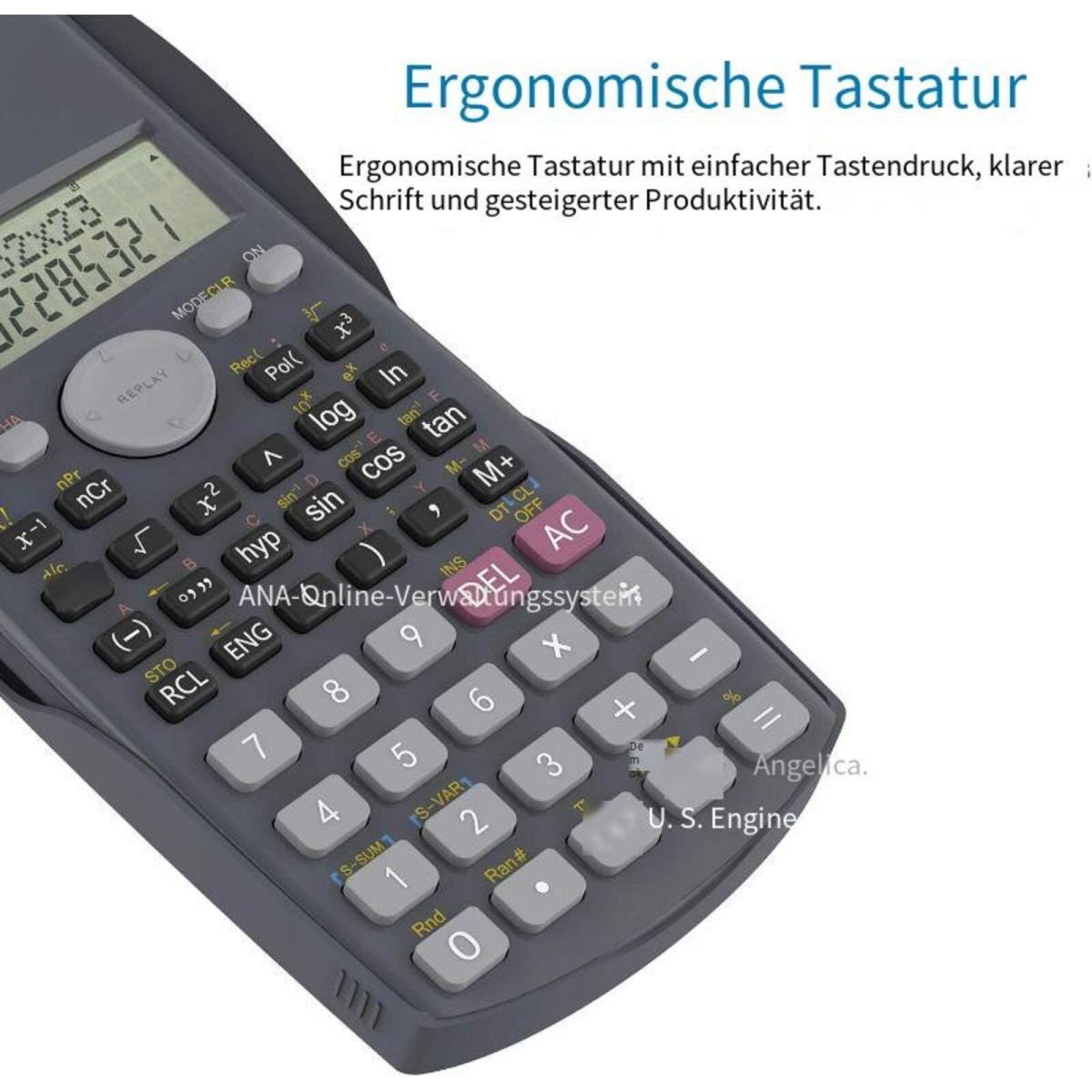 Ein Taschenrechner mit grauem Gehäuse und vielen Tasten, mit Text oben und unten.