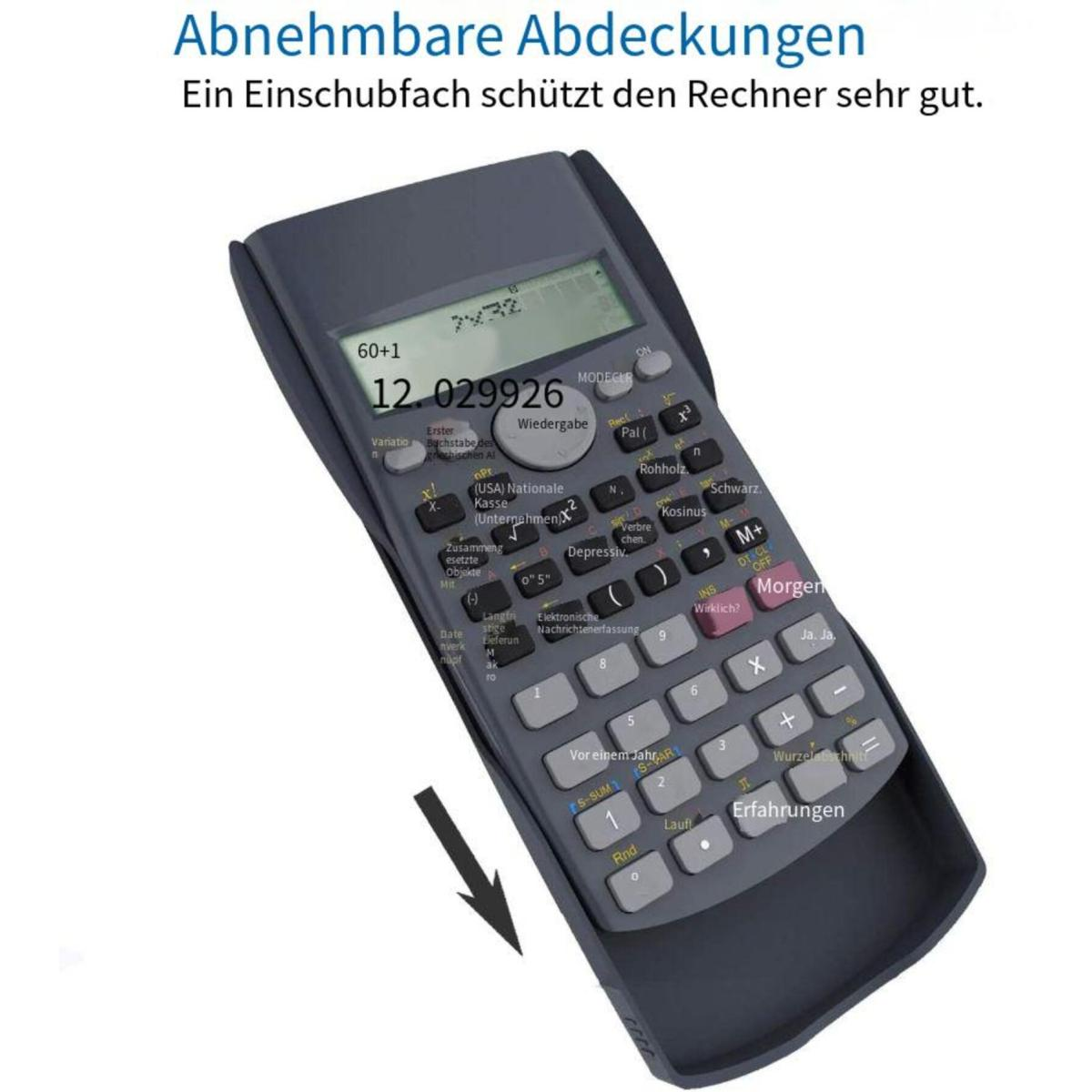 Ein dunkelgrauer Taschenrechner mit Anzeige. Oben steht: 'Abnehmbare Abdeckungen'.