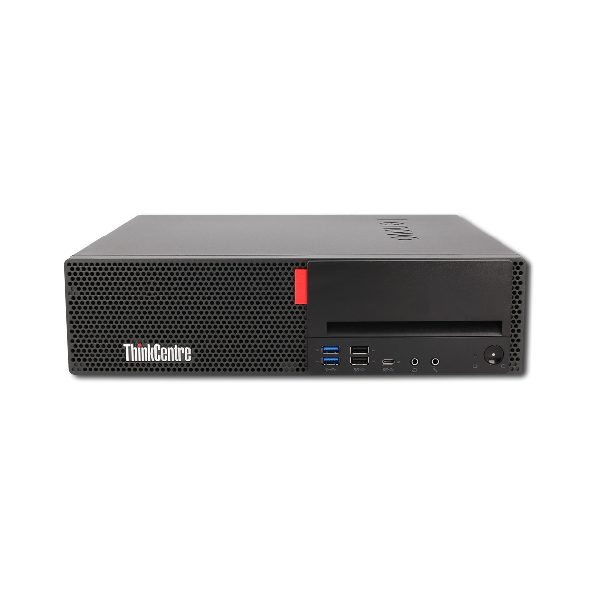 Un computer ThinkCentre nero, con un accento rosso, su sfondo bianco.