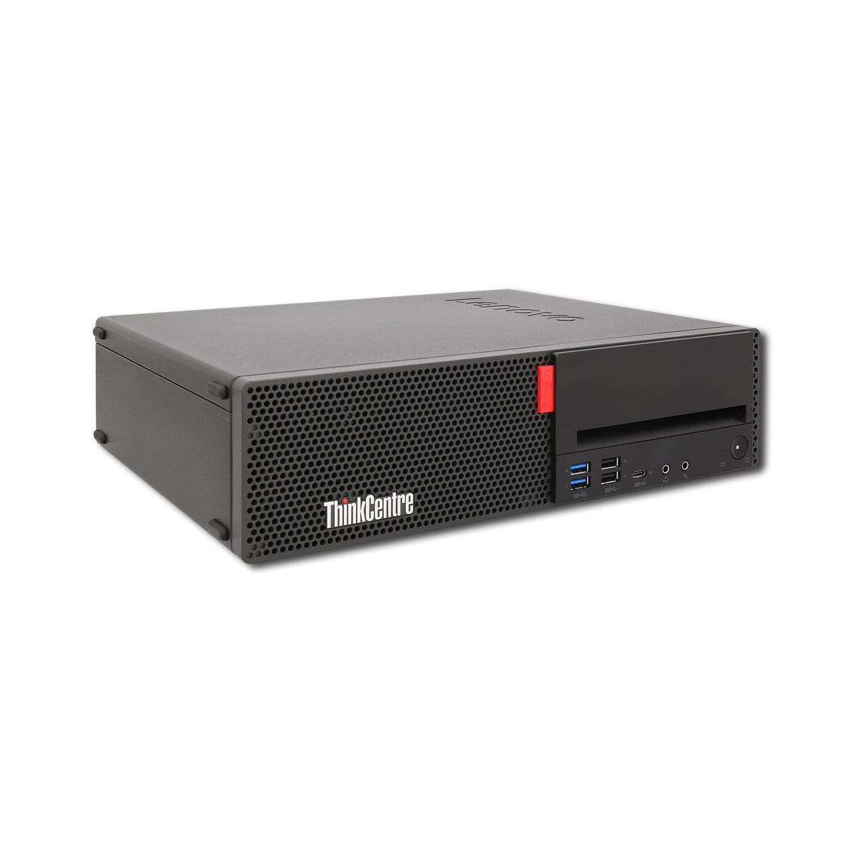 Un computer ThinkCentre nero. Ha un accento rosso e il logo ThinkCentre.