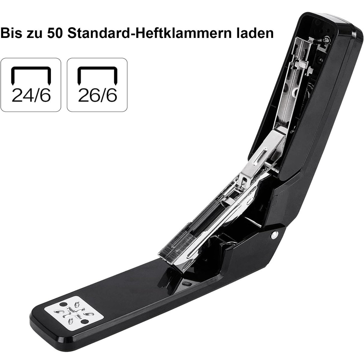 Schwarzer Tacker, geöffnet, um den inneren Mechanismus zu zeigen. Text für Heftklammern.