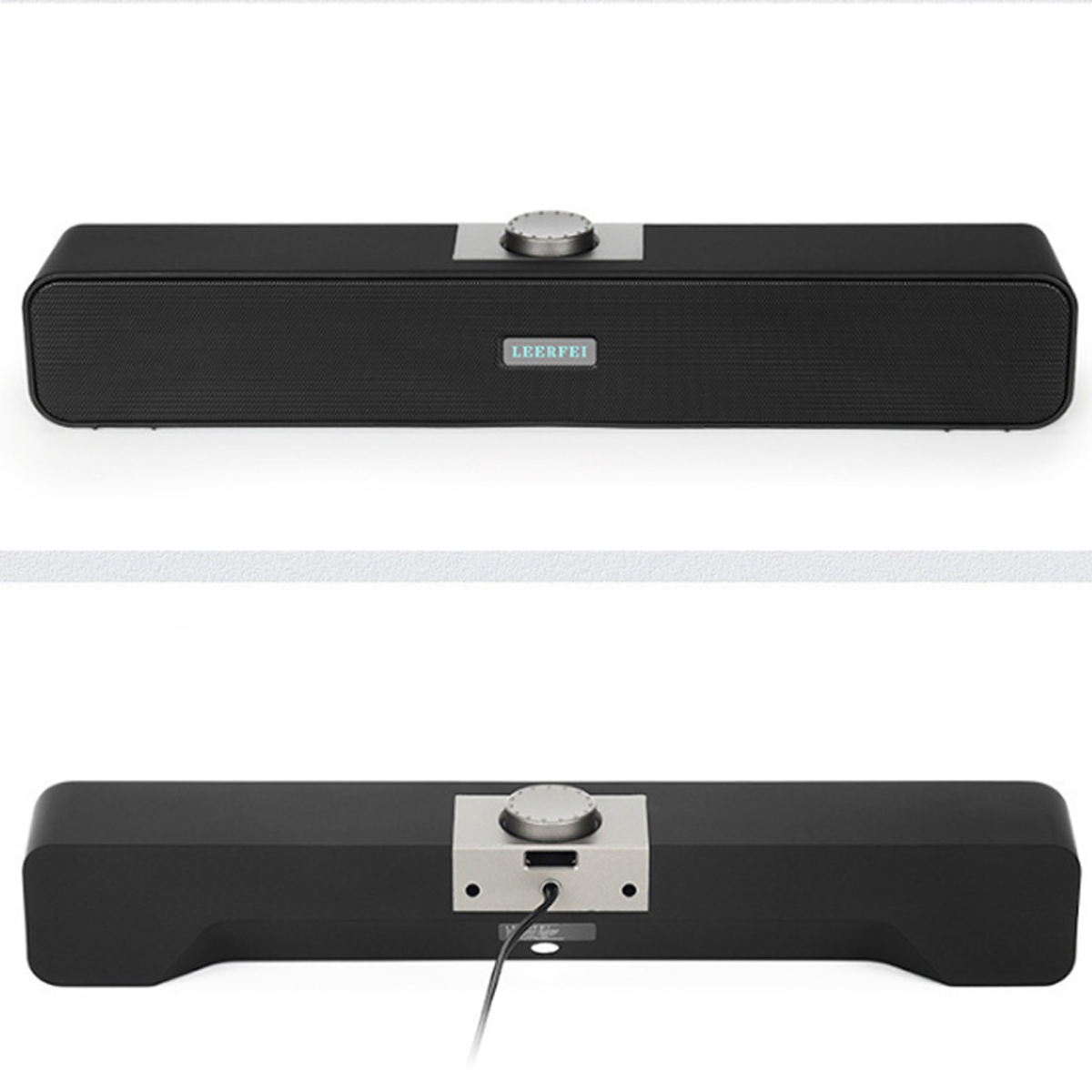Schwarze Soundbar mit silbernen Details, Vorder- und Rückansicht, auf weißer Oberfläche.