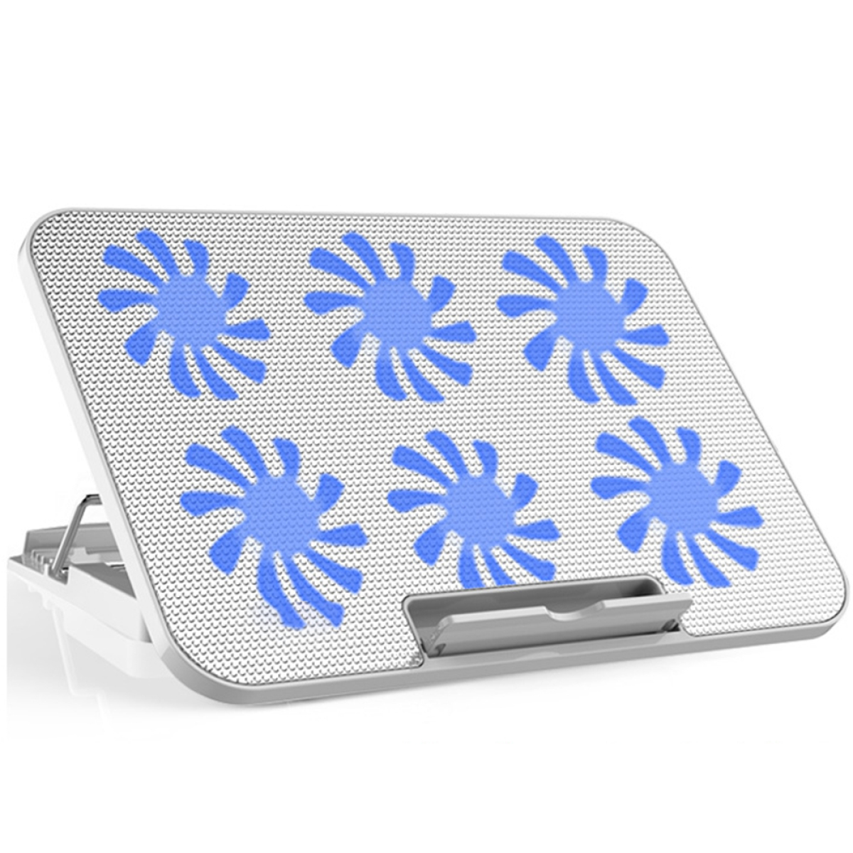 Ein weißer Laptopständer mit sechs blauen blütenförmigen Öffnungen.