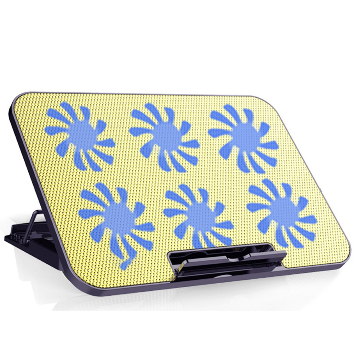 Laptopständer mit gelber Oberfläche, blauem Blumenmuster und schwarzem Fuß.