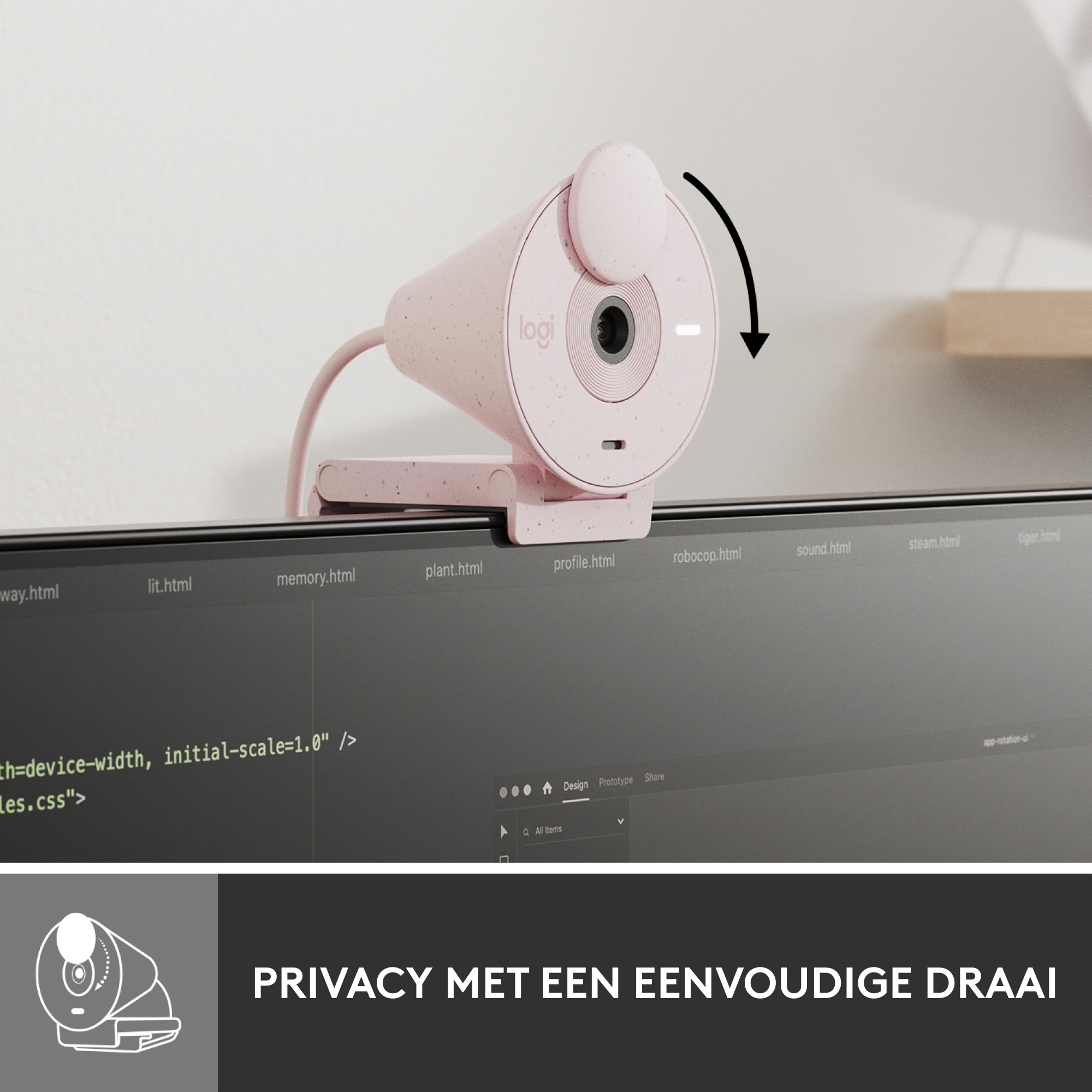 Webcam mit rosa Basis, an einem Monitor montiert, mit Text