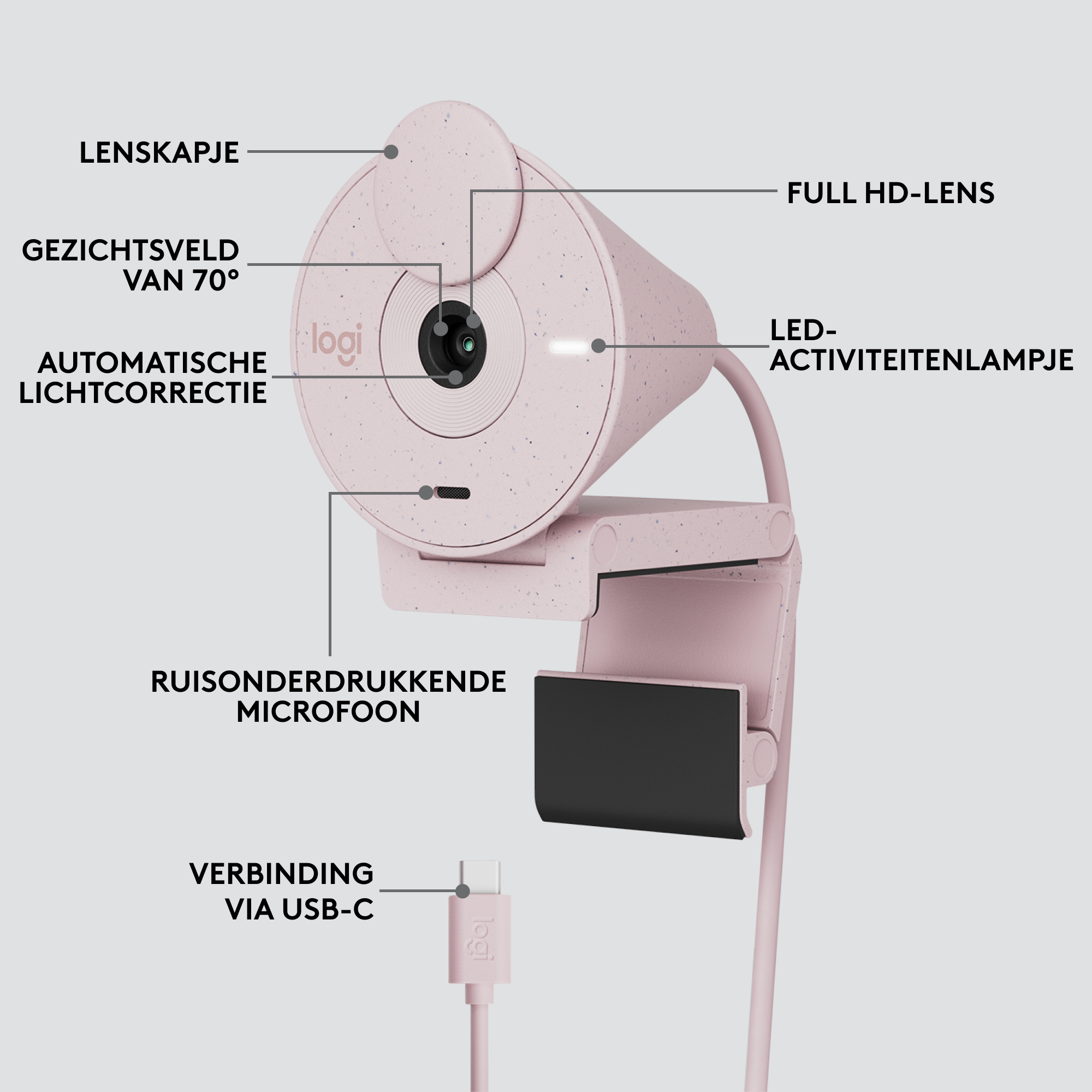 Rosa Webcam mit Etiketten, USB-C-Kabel und LED.