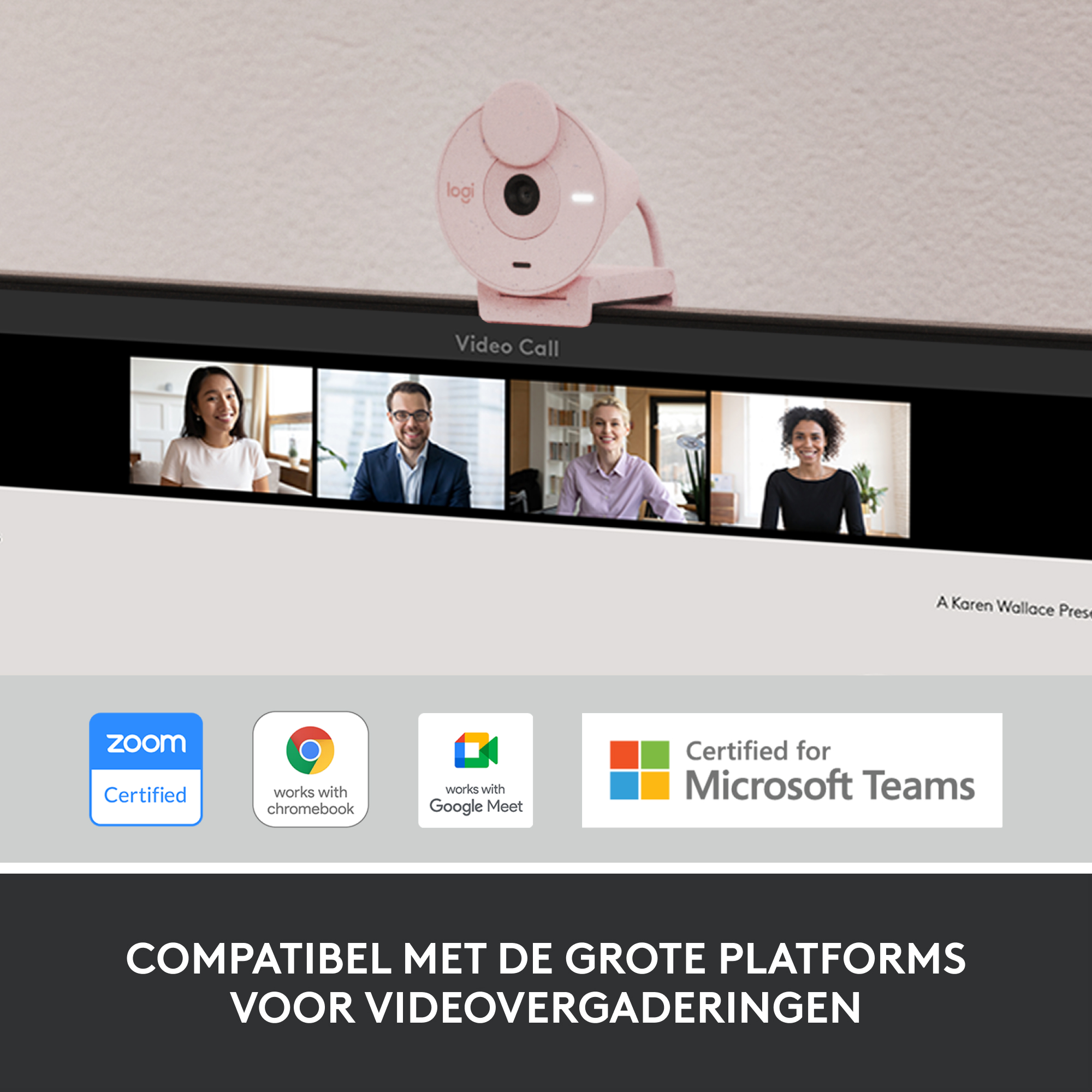 Rosafarbene Webcam auf einem Monitor, der einen Videoanruf zeigt. Zoom- und Google Meet-Logos.