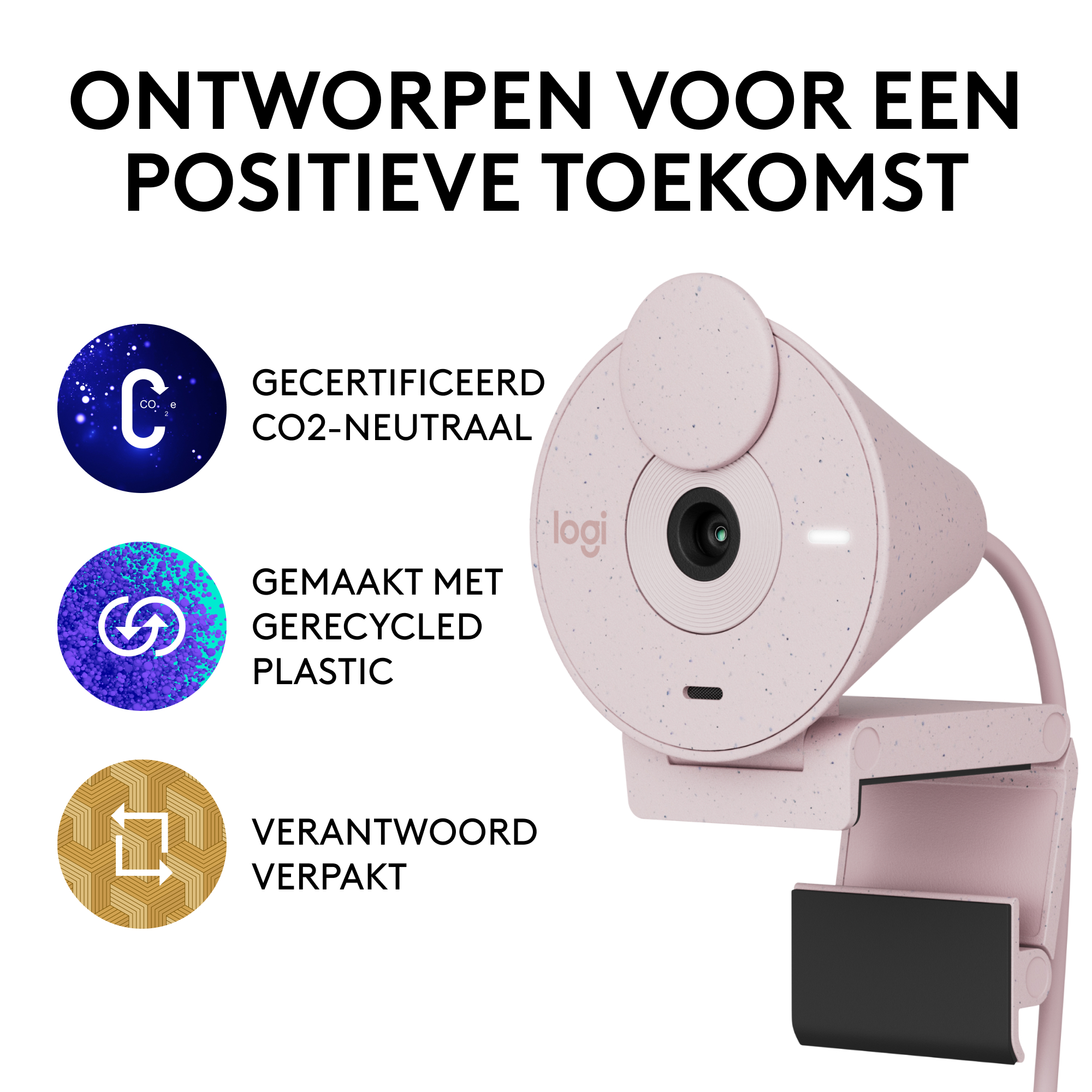 Rosafarbene Webcam mit Text über Nachhaltigkeit. Weißer Hintergrund. Kreisförmige Icons links.
