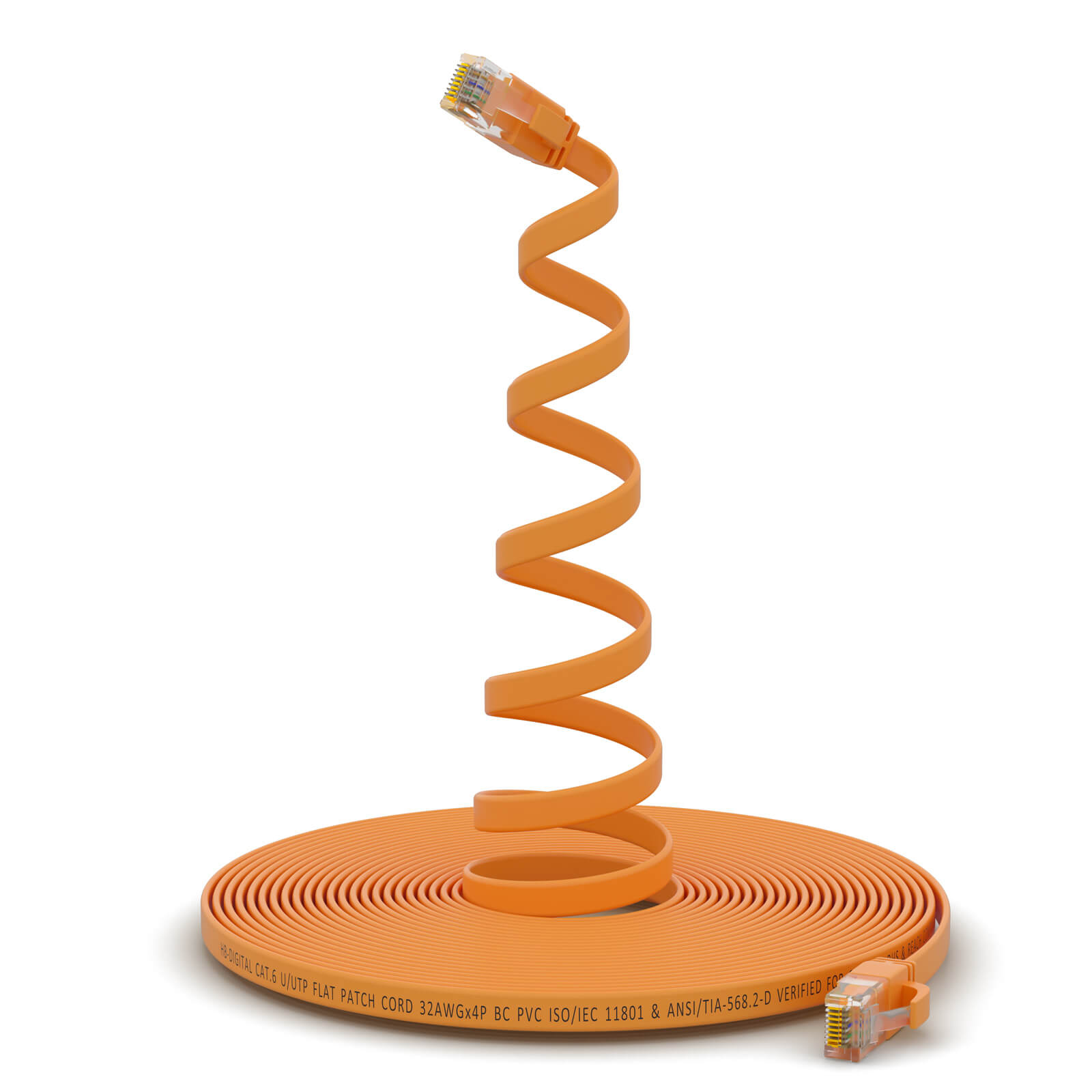 Ein oranges Netzwerkkabel. Das Kabel ist aufgerollt und hat Anschlüsse an jedem Ende.