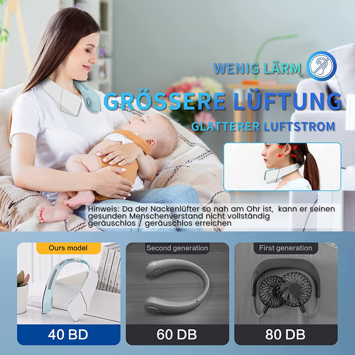 Eine Werbung, die einen Nackenventilator und drei Generationenmodelle mit Schallpegeln zeigt.
