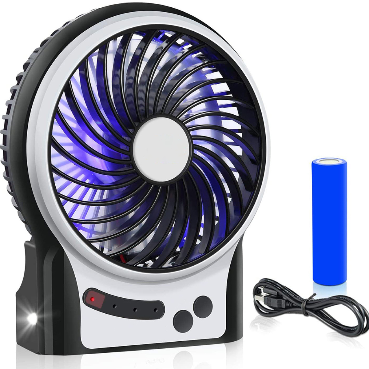 Tragbarer Ventilator, schwarz-weiß, mit blau beleuchteten Flügeln, Akku und Kabel.