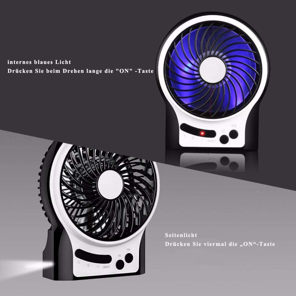 Zwei kleine Ventilatoren, einer mit blauem Licht und der andere mit weißem Licht beleuchtet, verschiedene Winkel.