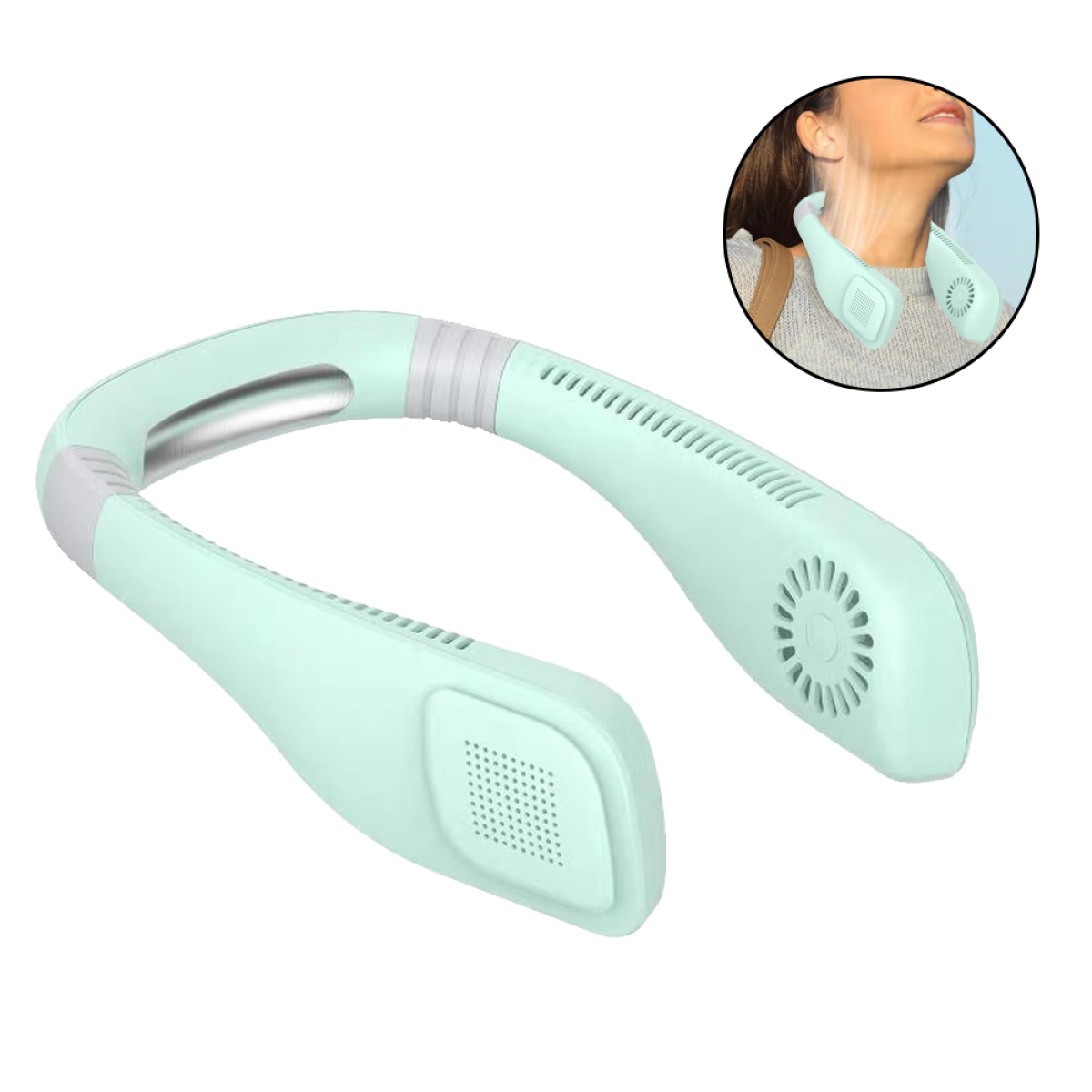 Ein mintgrüner Nackenventilator mit dem Ventilator und einer Person, die ihn benutzt, in einem separaten Bild.