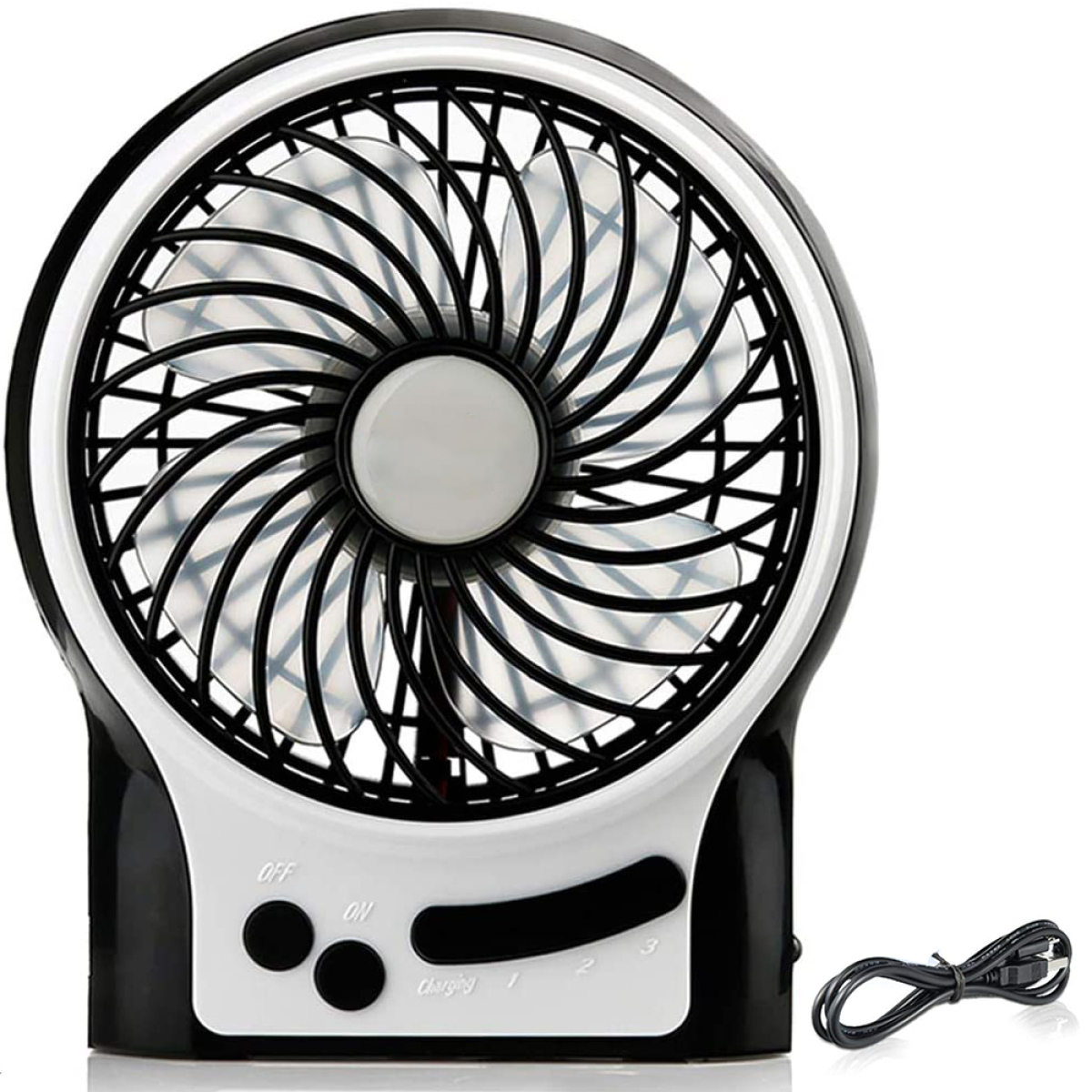 Ein schwarz-weißer tragbarer Ventilator mit Bedienelementen für Strom- und Geschwindigkeitseinstellungen.