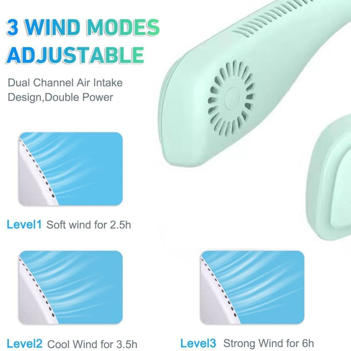Ein mintgrüner tragbarer Ventilator mit Text über Windmodi. Er zeigt verschiedene Windgeschwindigkeiten.