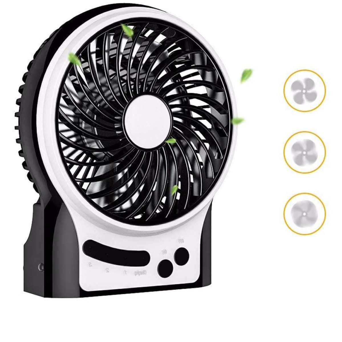Schwarz-weißer Tischventilator mit drei Geschwindigkeitseinstellungen. Die Flügel sind in Bewegung.