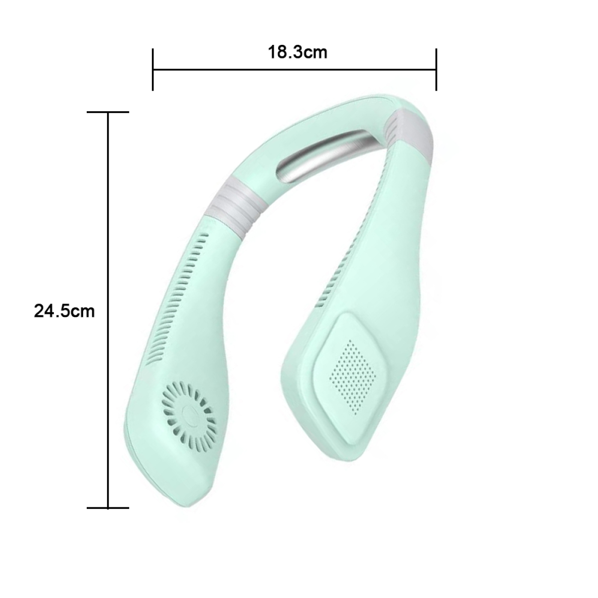 Minzgrüner Nackenventilator mit Abmessungen. Tragbares Gerät mit Belüftungsöffnungen.