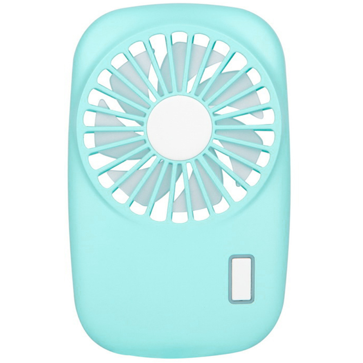 Ein blauer tragbarer Ventilator mit Gitter und Knopf. Es ist für die Hand bestimmt.