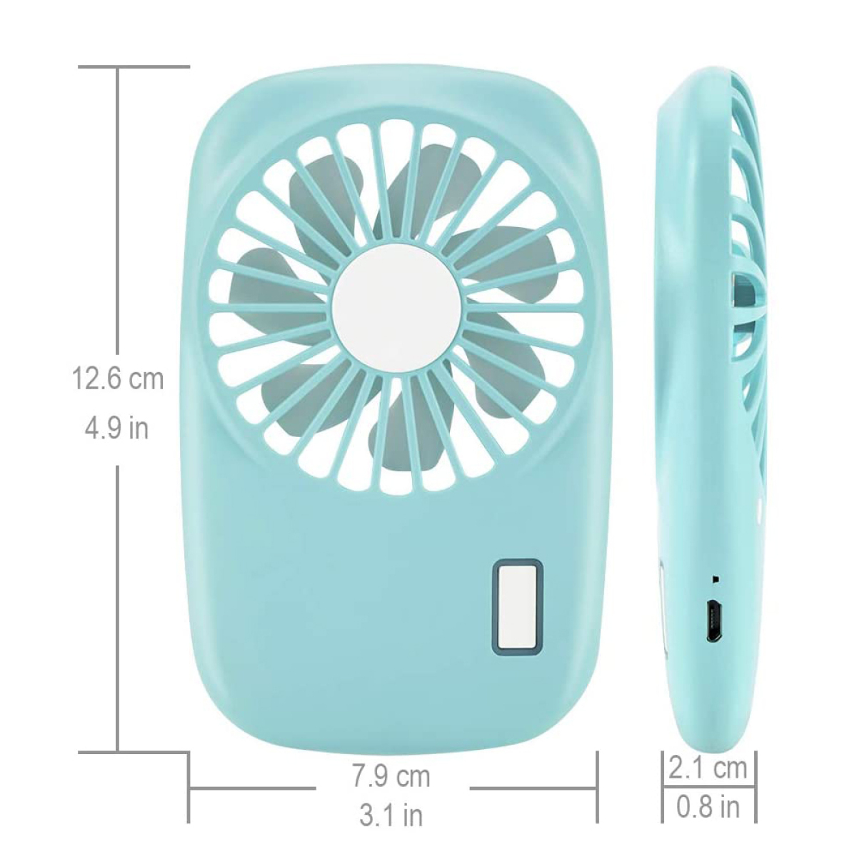 Ein hellblauer tragbarer Ventilator. Er hat einen Lüfter und einen Ein-Aus-Schalter. Abmessungen sind angegeben.