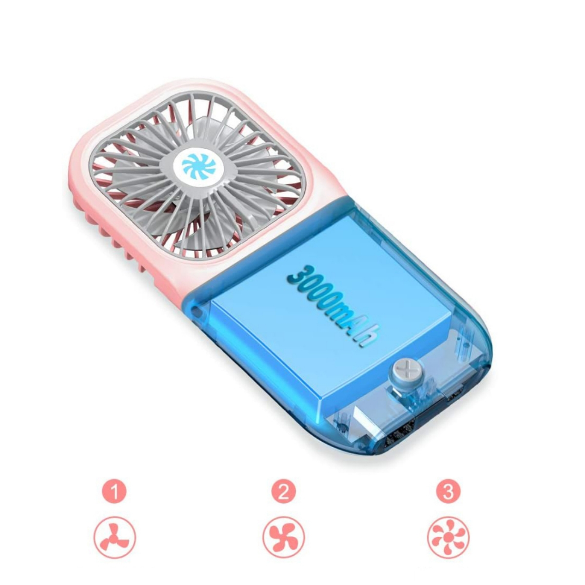 Ein pinkfarbener und blauer tragbarer Ventilator mit Batterieanzeige und drei Lüftergeschwindigkeitsanzeigen.