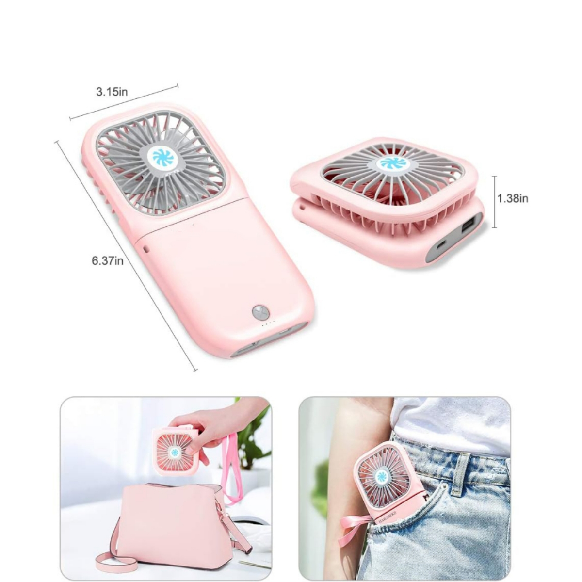 Ein rosa faltbarer Ventilator mit Maßen, eine Person hält ihn und in einer Tasche.